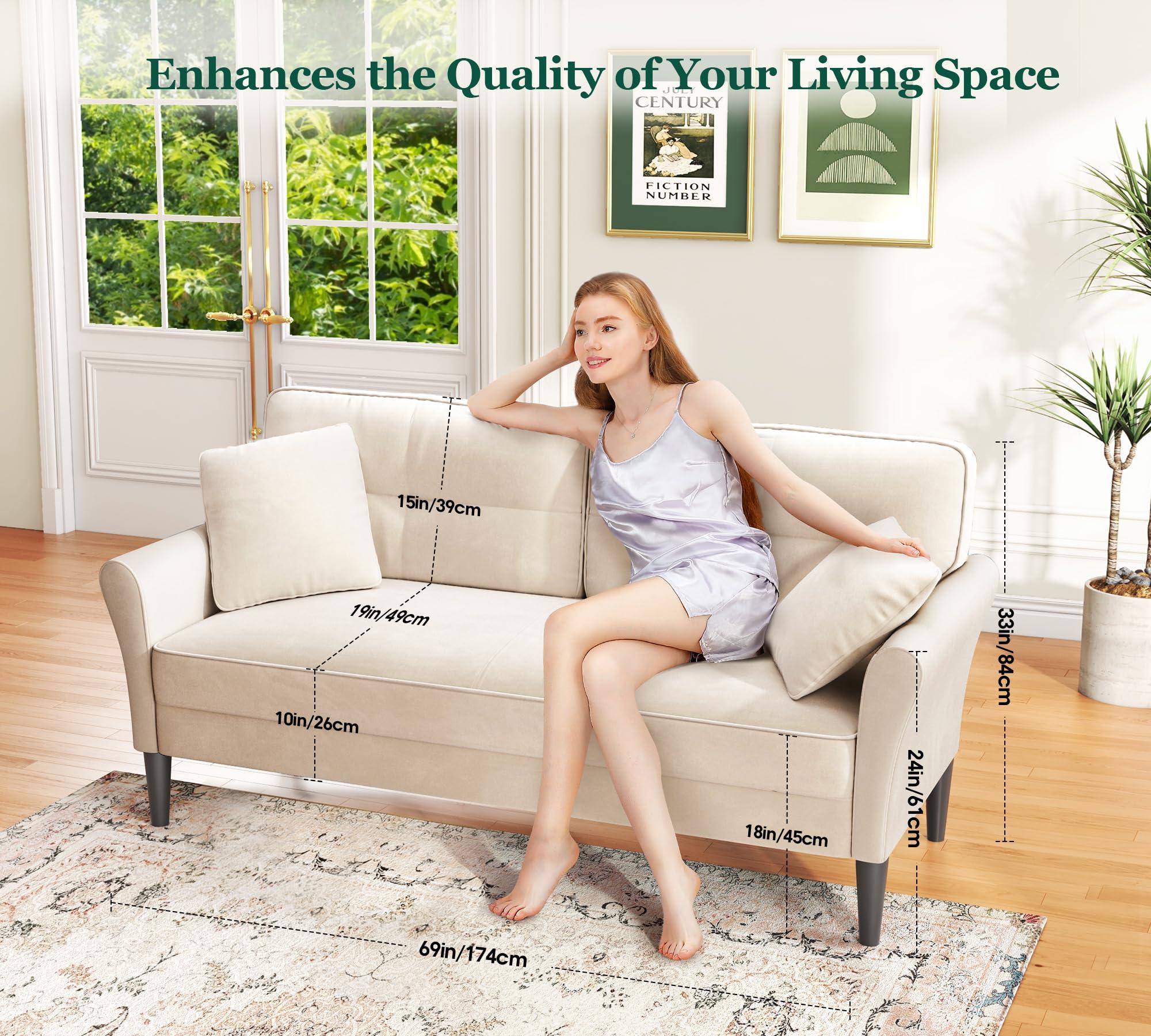 69" Small Sofa, Soft Small Couch with 2 Pillows, Comfy Love Seat Couches, Tool-Free Setup Loveseat Sofa, 700lb Load Sofas for Living Room, Cozy Couches for Living Room, Mini Couch for Bedroom, White - Image 4