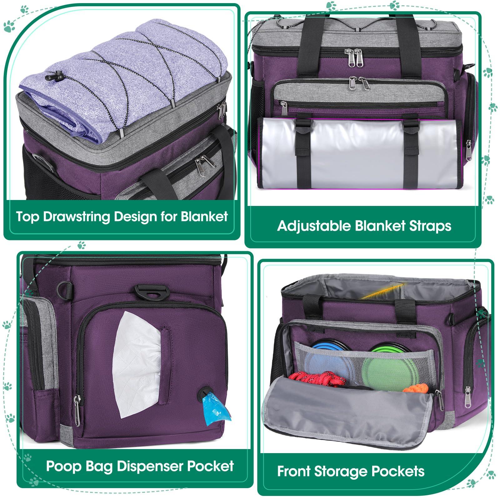 IGOLUMON Dog Travel Bag Large Pet Travel Bags Set for Supplies Weekend Dog Travel Kit Tote Organizer Multi-Pockets Dog Food Travel Bag with 2 Large Food Containers, 2 Dog Bowls, 1 Feeding Mat, Purple - Image 2