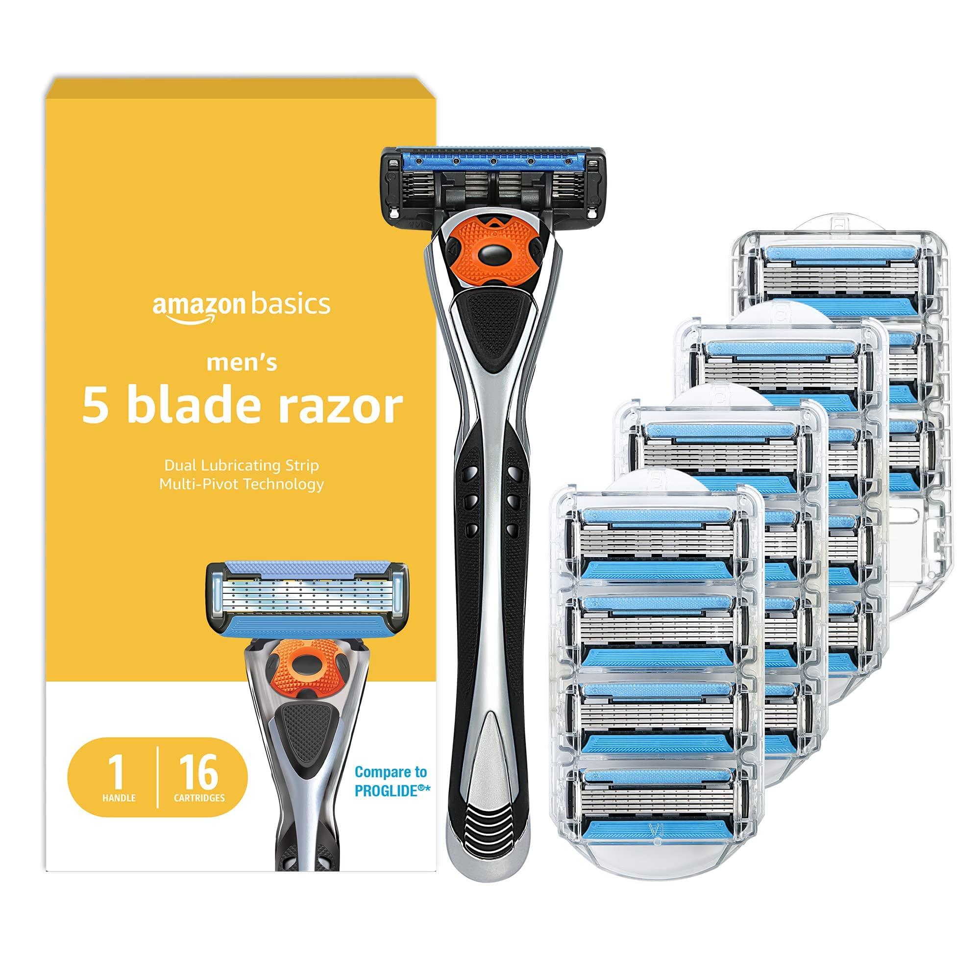 Amazon Basics 5-Blade MotionSphere Men's Razor with Dual Lubrication and Precision Trimmer, 17 Piece Set, 1 Handle & 16 Cartridges, Black