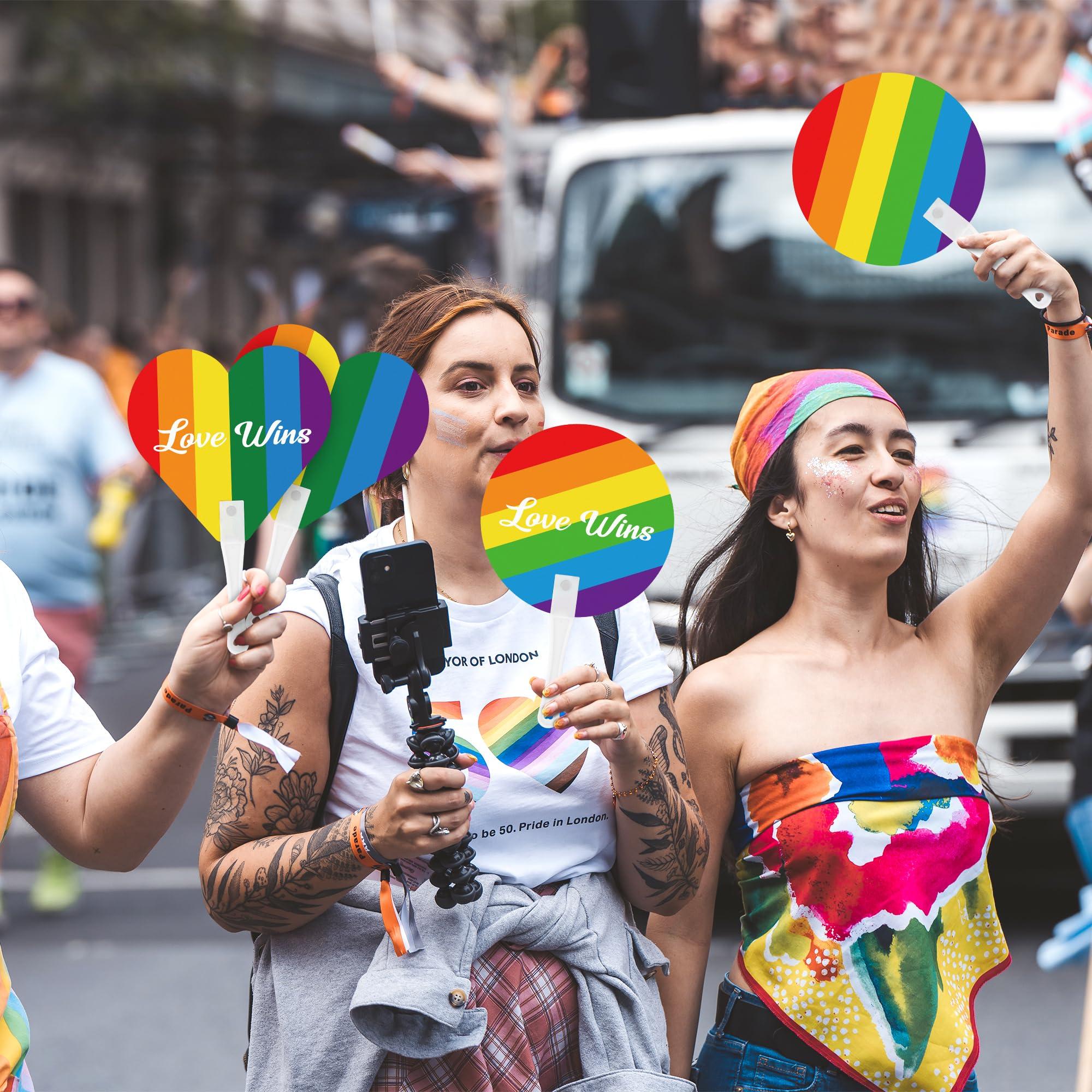 Blowata 48Pcs Pride Accessories Includes Gay Hand Fans - Heart and Round Rainbow Hand Fan for Parties, Festivals & Parades, Sturdy LGBT Plastic Fan for Pride Gifts and Pride Party Supplies - Image 6