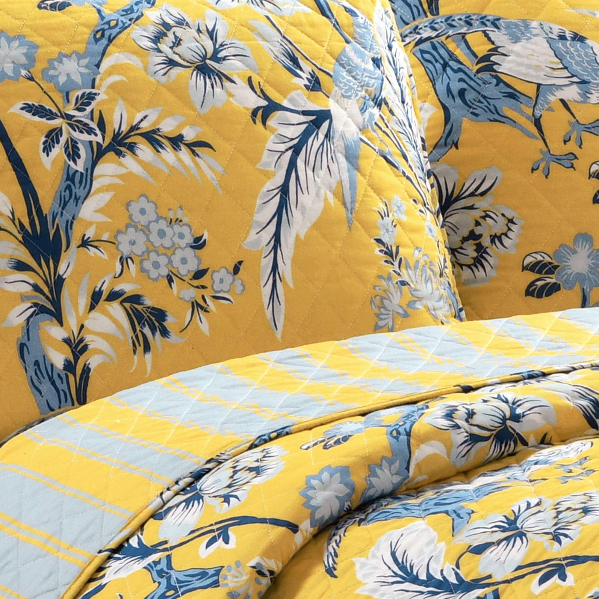 Lush Decor Dolores Reversible Cotton Quilt Set, 3 Piece Set, Full/ Queen, Yellow & Blue - Toile Bedding Set - Floral & Bird Quilt - Cottage, Maximalist & French Country Bedroom Decor - Image 4