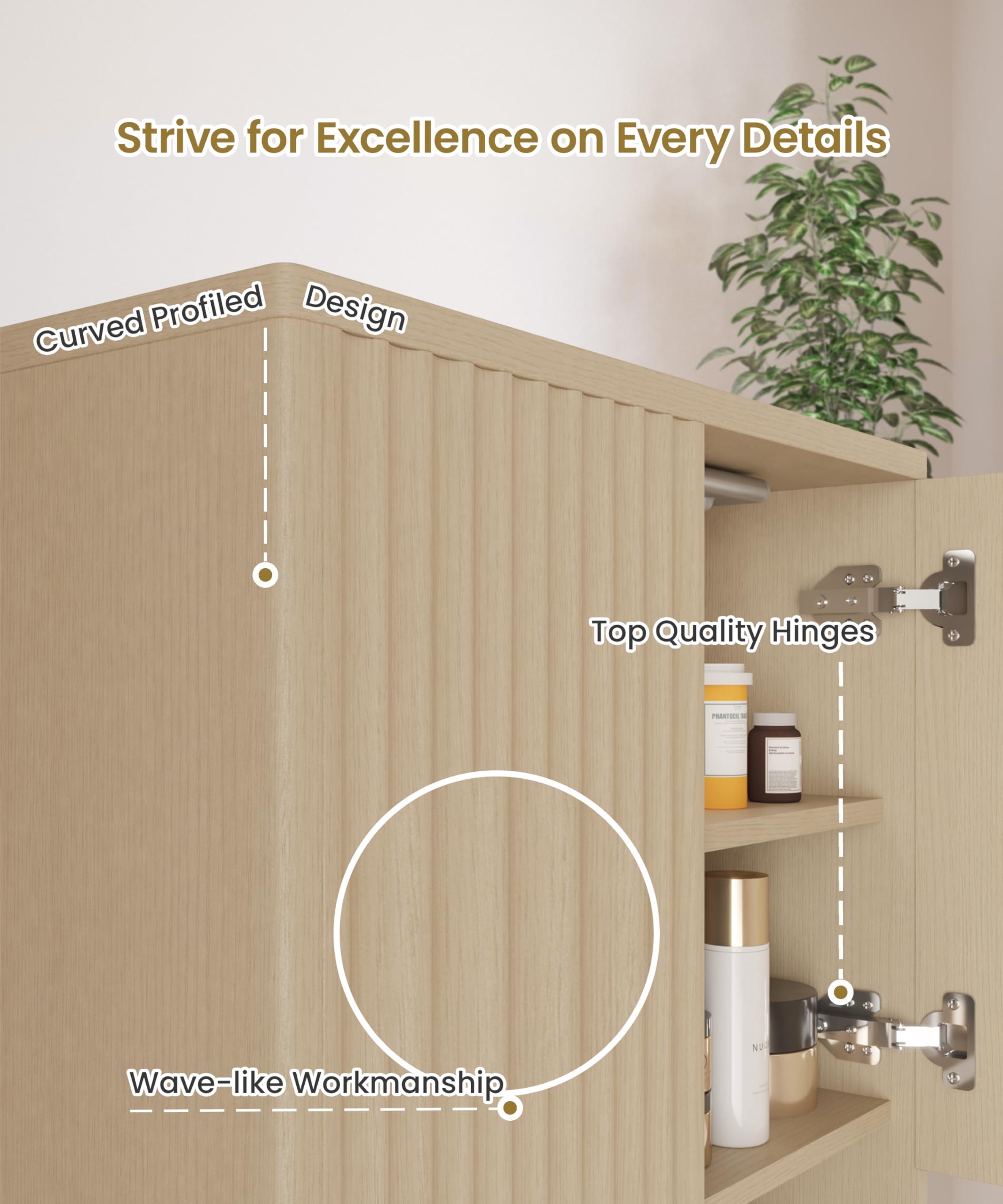 HAIOOU Fluted Bathroom Wall Cabinet with Motion Sensor Light, Curved Profile Wooden Medicine Cabinet Wall Mounted Cupboard, Wave Like Over Toilet Storage Cabinet with Buffering Hinges - Natural - Image 6