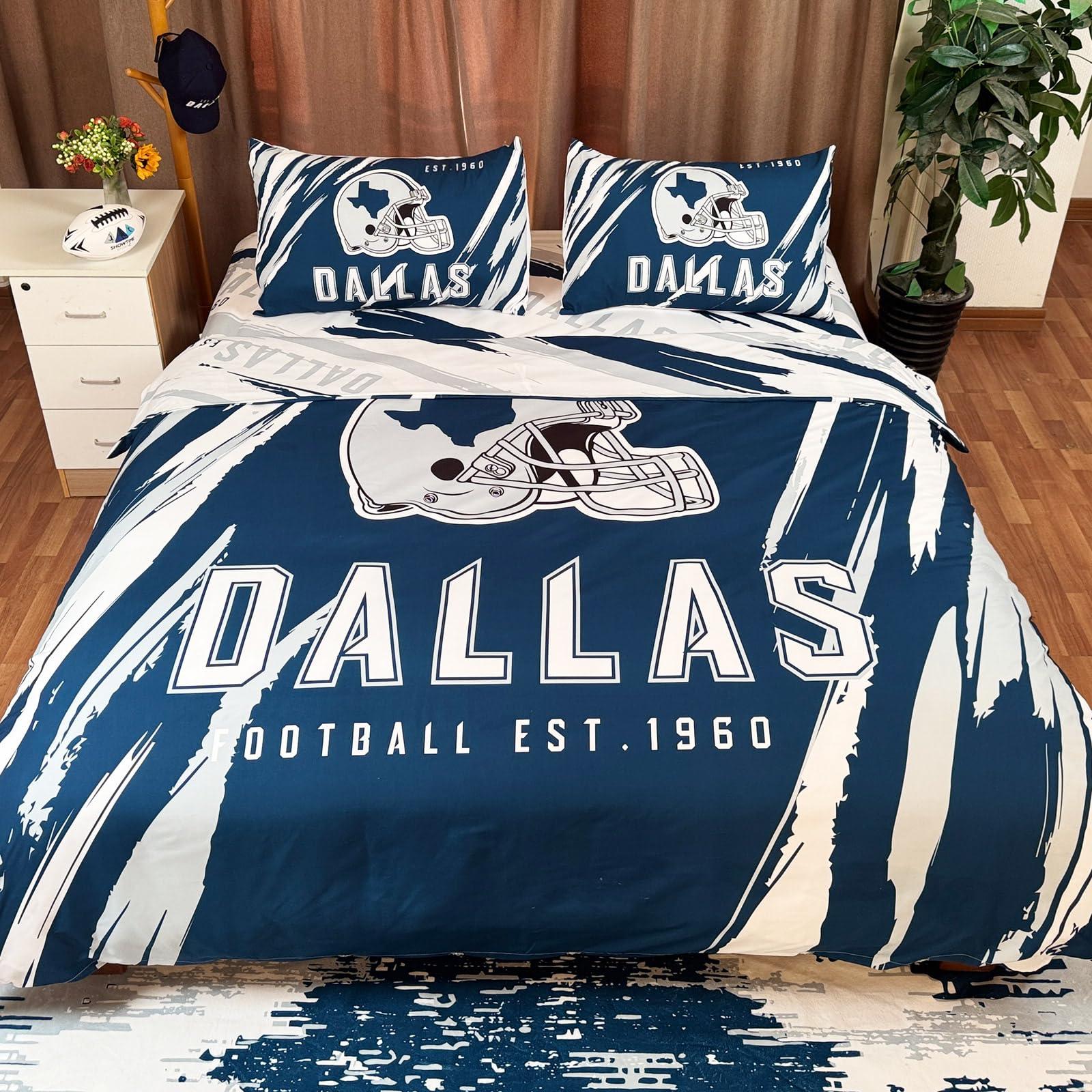 NINEBLITZ Dallas Bedding Football Comforter Set Twin 4 Pieces with 1 Duvet Cover Twin Size, 1 Flat Sheet, and 2 Pillowcases Teenage Sports Bedding for Boys Bedroom