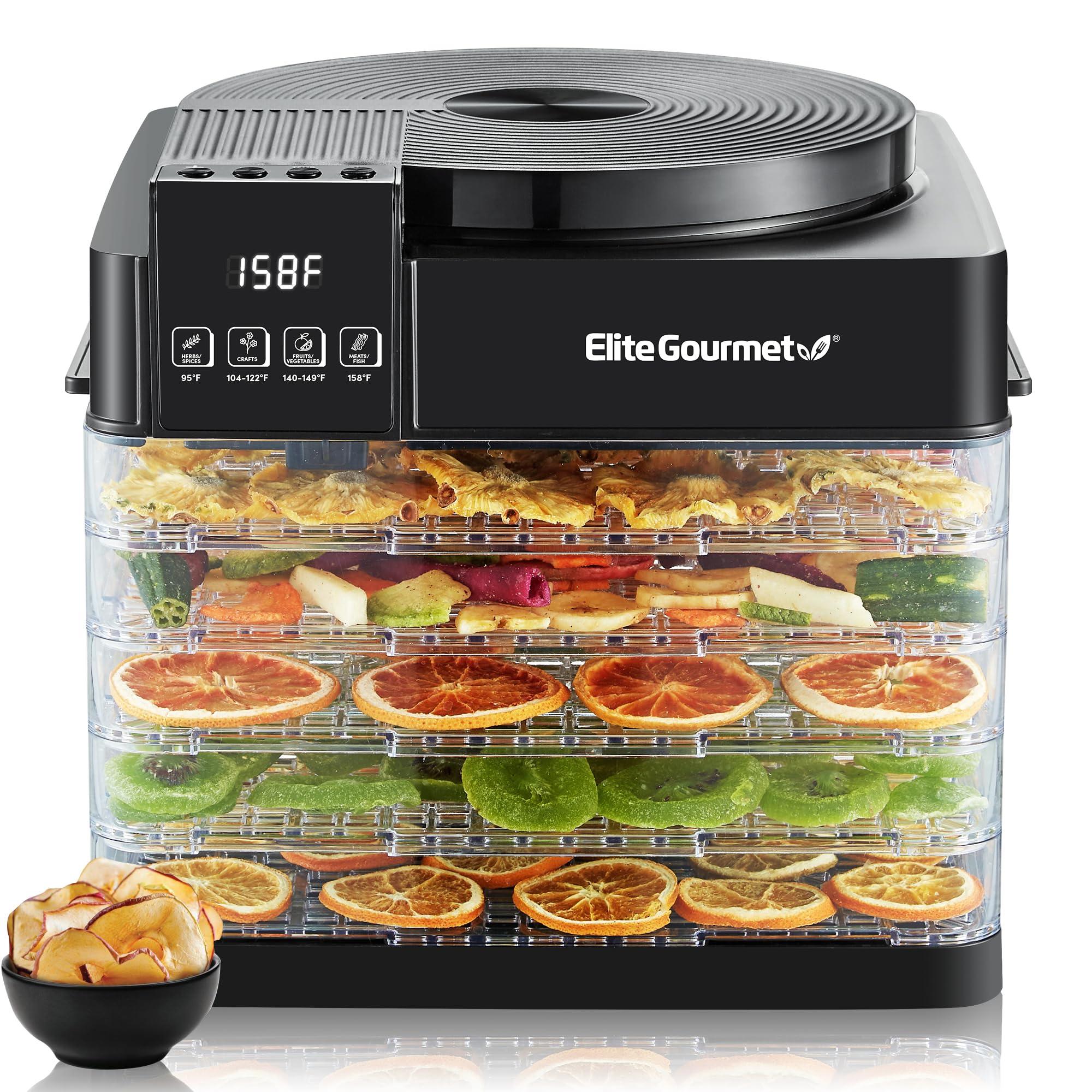 Elite Gourmet EFD422 Digital Food Dehydrator with 5 BPA Free Trays, Top Mounted Fan & Heater, Adjustable Timer and Temperature Controls, Jerky, Herbs, Fruit, Veggies, Snacks, Black