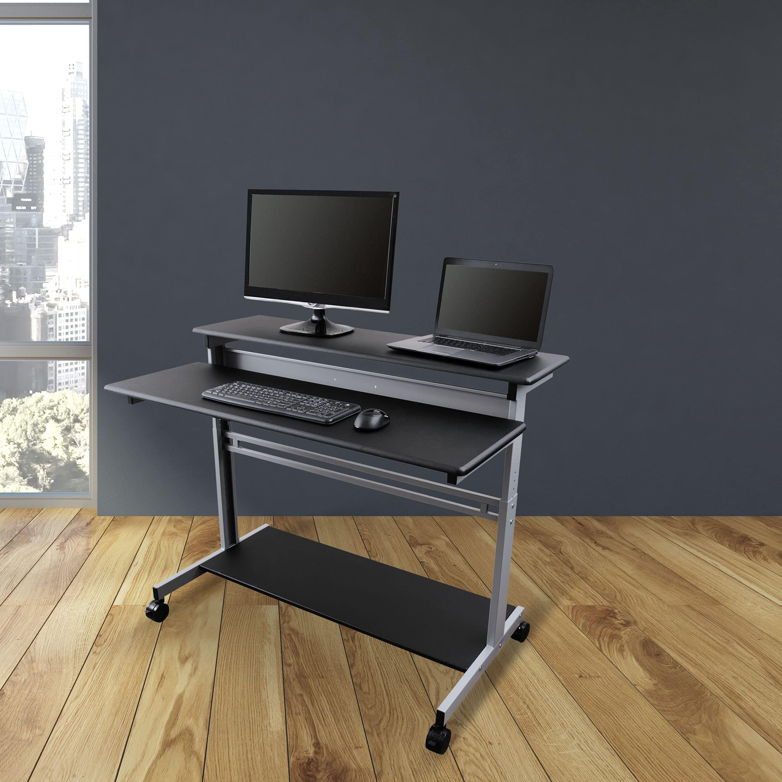 Stand Up Desk Store Rolling Adjustable Height Two Tier Standing Desk Computer Workstation (Silver Frame/Black Top, 48" Wide) - Image 2