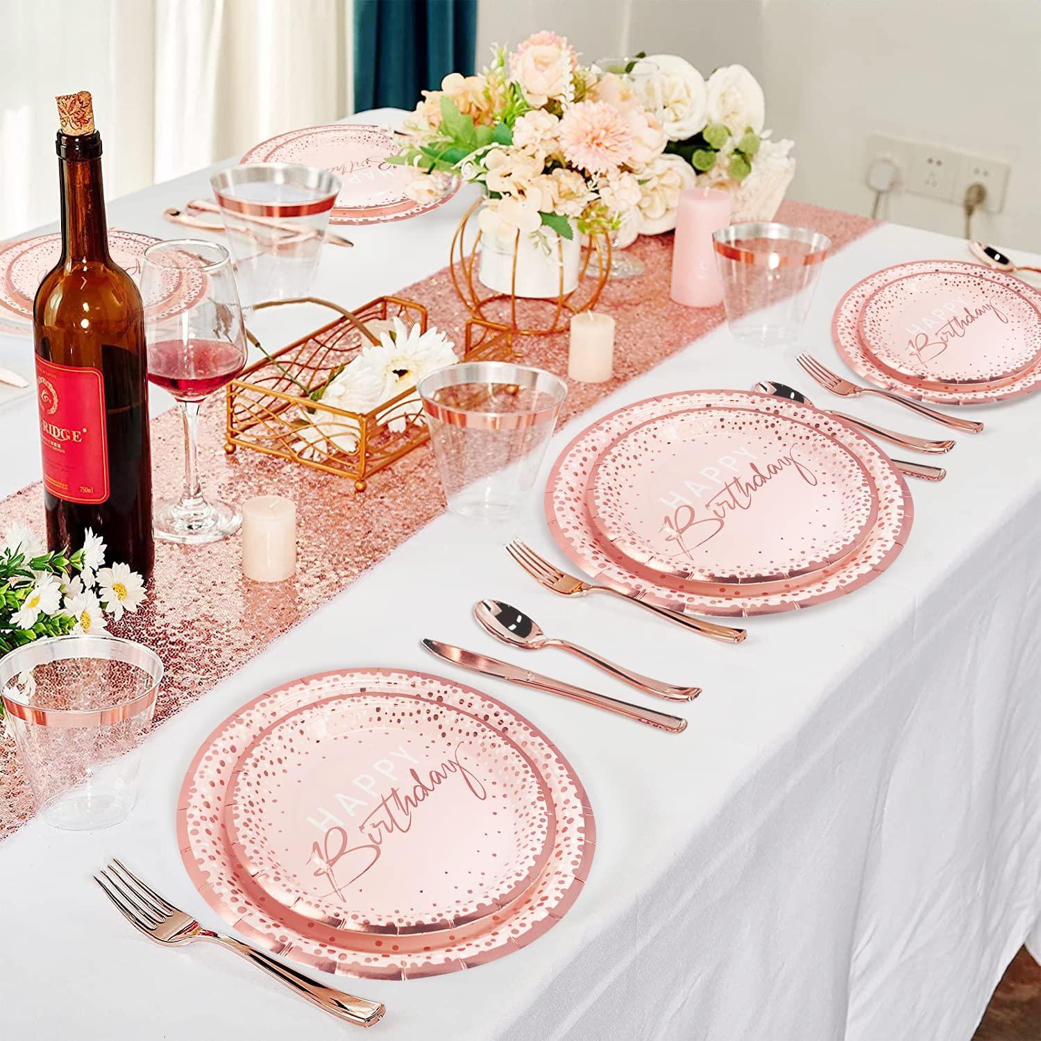 175PCS Happy Birthday Plates and Napkins Party Supplies, Paper Pink and Rose Gold Plastic Forks Knives Spoons Serve 25 Guests for Girl Women - Image 7