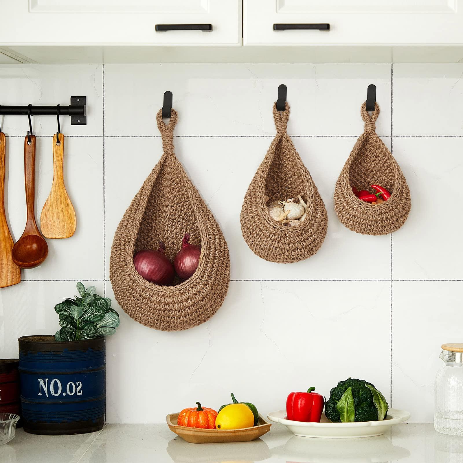 Honeydak Hanging Wall Basket Teardrop Hanging Baskets Onion Basket Coat Bohemian Storage Fruit Wall Hooks for Kitchen Wall Home Restaurant Storage Vegetable, 3 Sizes(Linen) - Image 6