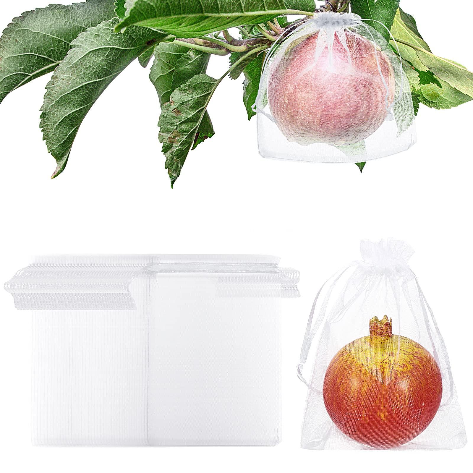 100 Pcs Fruit Protection Bags, Netting Bags for Trees & Garden - 5 x 7 Inch Mesh with Drawstring, Protects Fruit, Flowers & Vegetables (White)