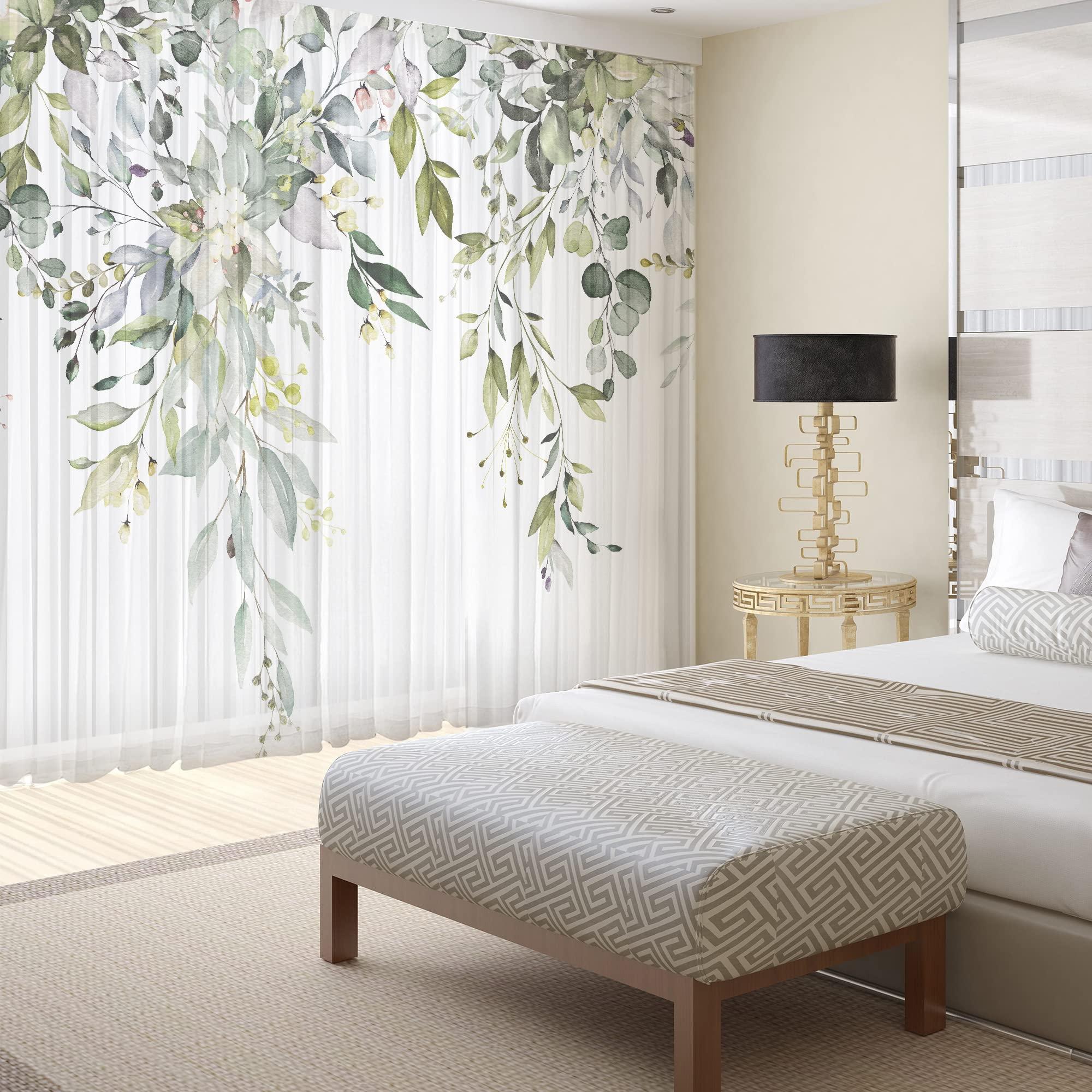 Fereyis Green Eucalyptus Leaves Sheer Curtains for Living Room 84 inch Length 2 Panels Set Elegant Wild Flower Floral Spring Printed Window Curtain Natural Chiffon Drapes for Bedroom - Image 3