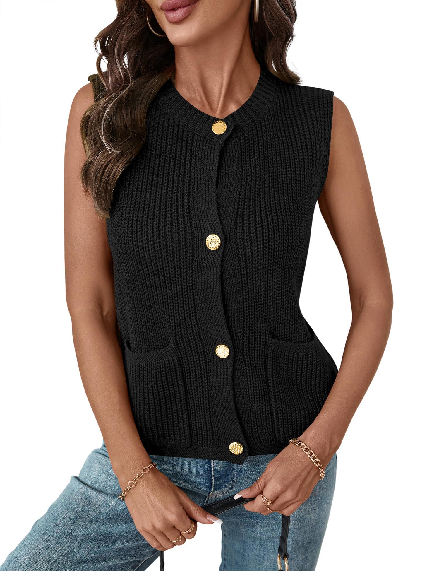 LUYAA Women Cardigan Vest Knit Button Round Neck Cardigan Tank Shirt Top Spring Summer Trendy Outfits Black M