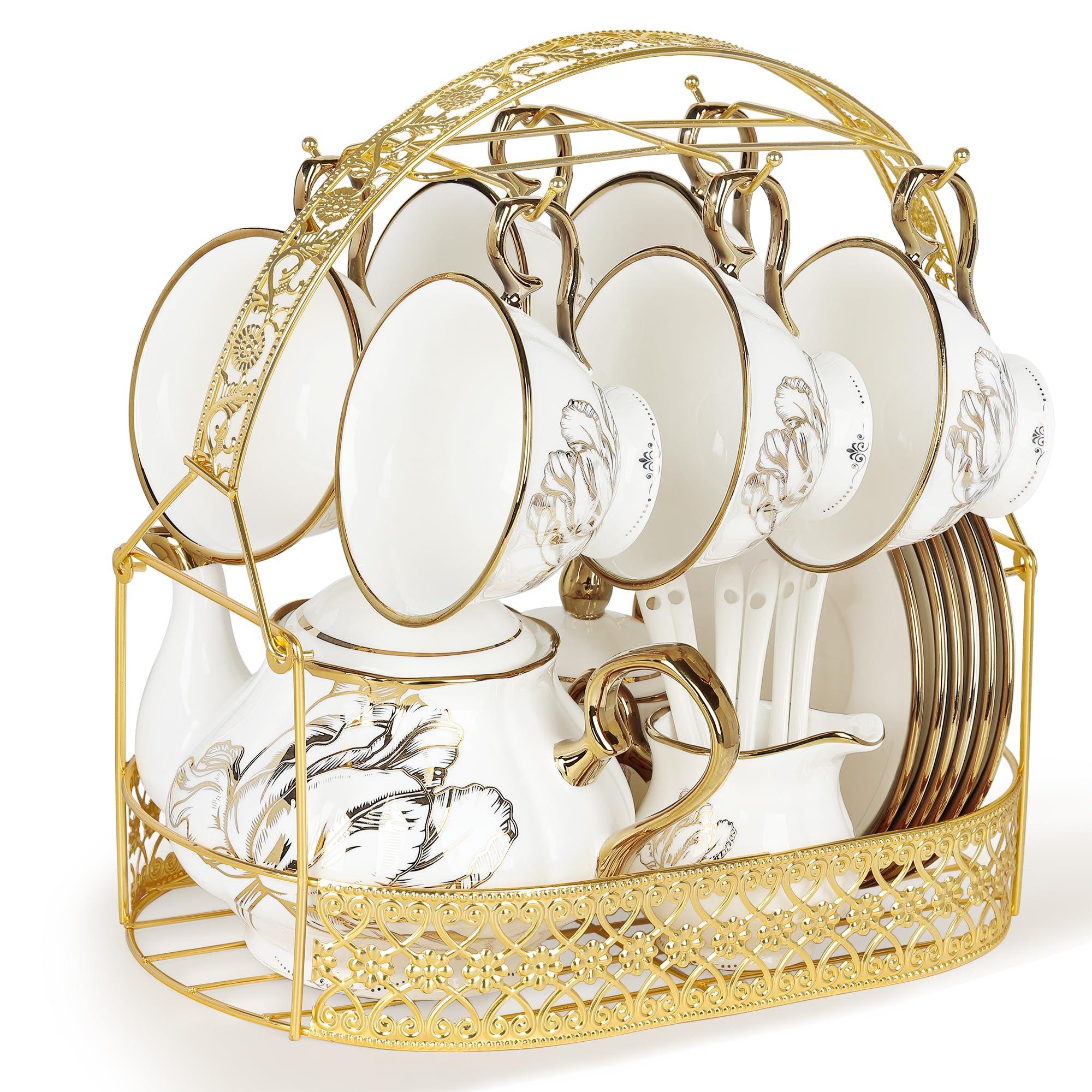 fanquare British Porcelain Tea Coffee Set 22 Piece New Bone China Gold Tulip Tea Service for Afternoon Tea, 6 TeaCup and Saucers with Metal Holder for Home Wedding Birthday - Image 1
