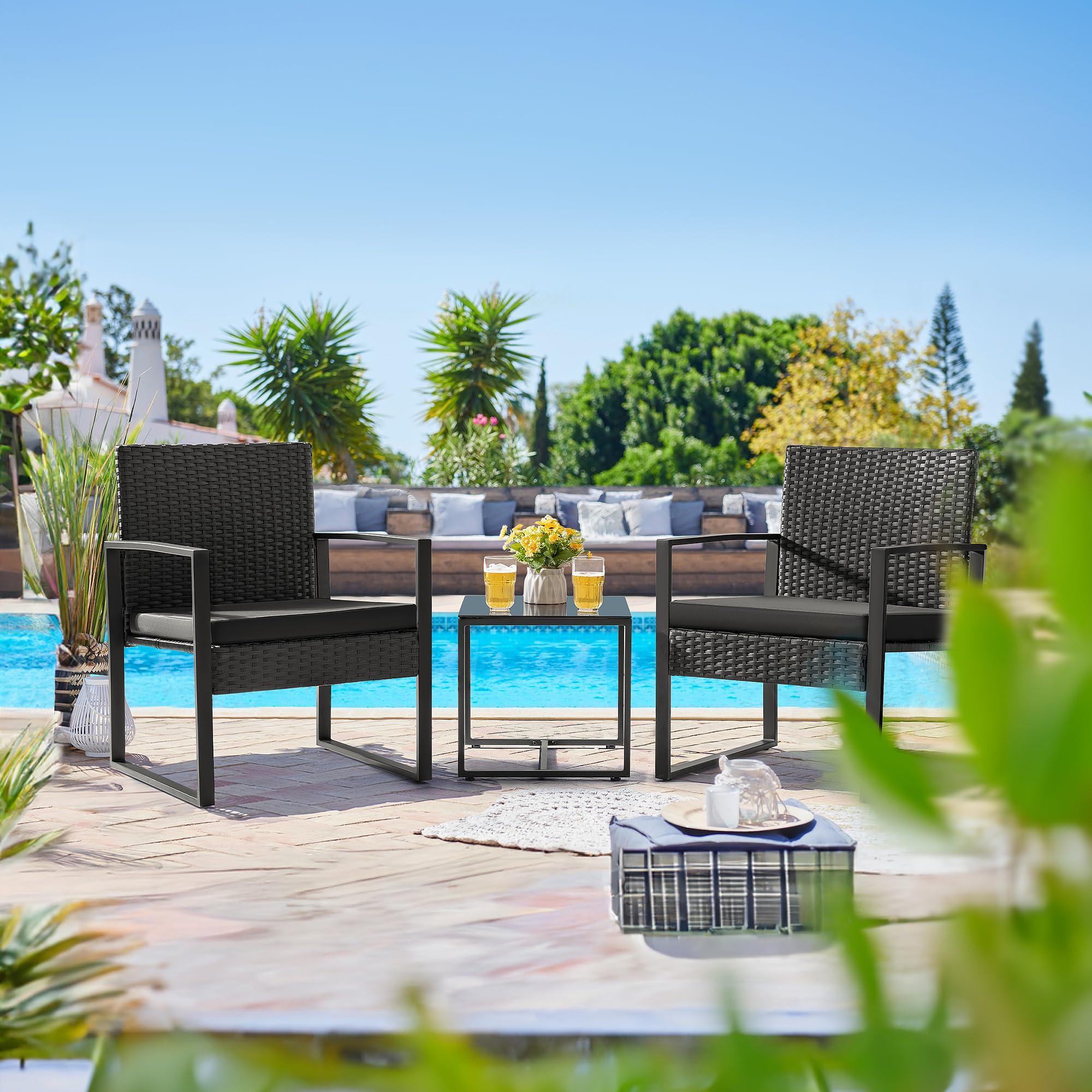 Flamaker 3 Pieces Patio Set Outdoor Wicker Furniture Sets Modern Rattan Chair Conversation Sets with Coffee Table for Yard and Bistro (Black) - Image 7