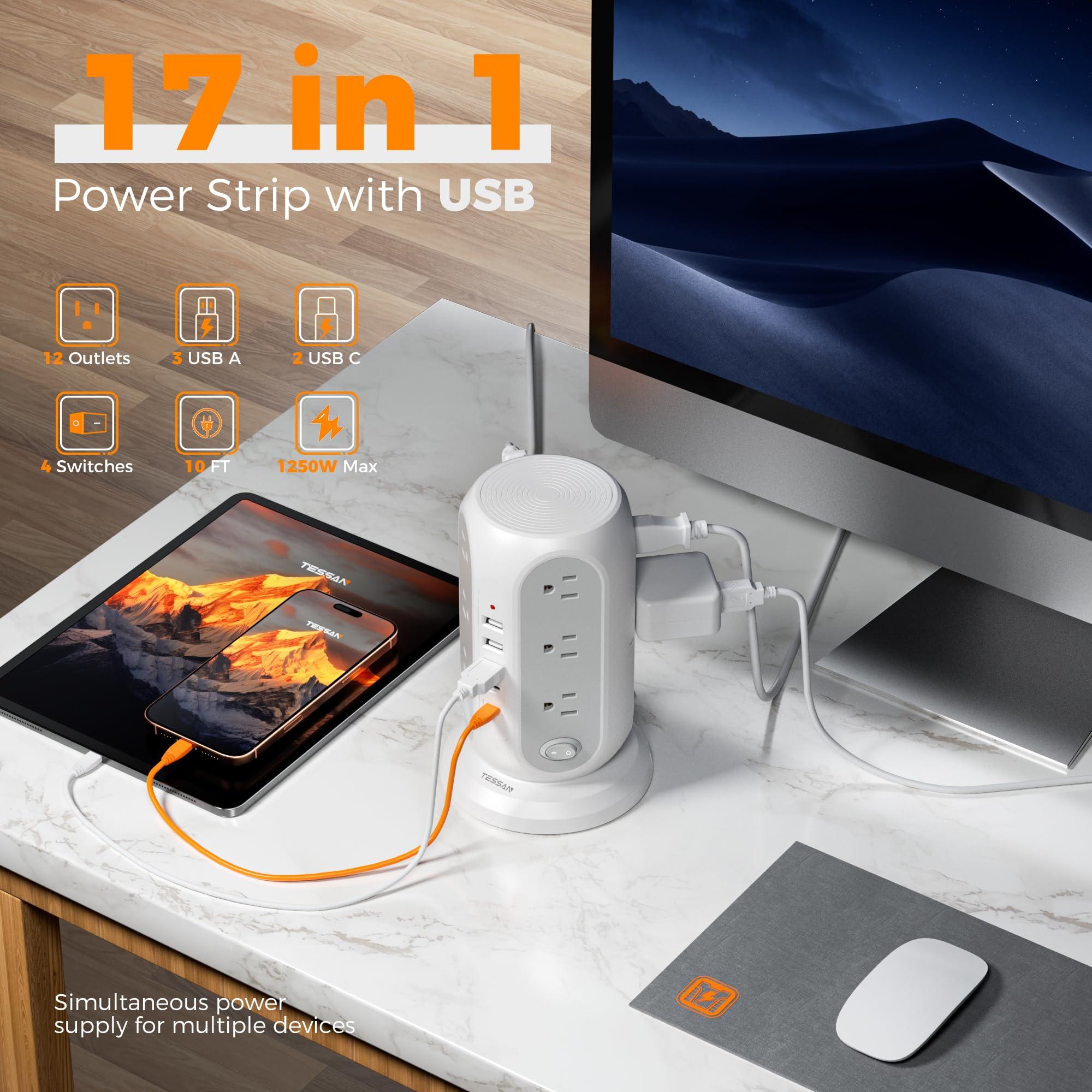 Tower Power Strip with Individual Switches, TESSAN Surge Protector with 12 Outlets, 5 USB Ports(2 USB C), Flat Extension Cord 10 Ft, Flat Plug, Charging Station for Multiple Devices, for Office, Dorm - Image 2