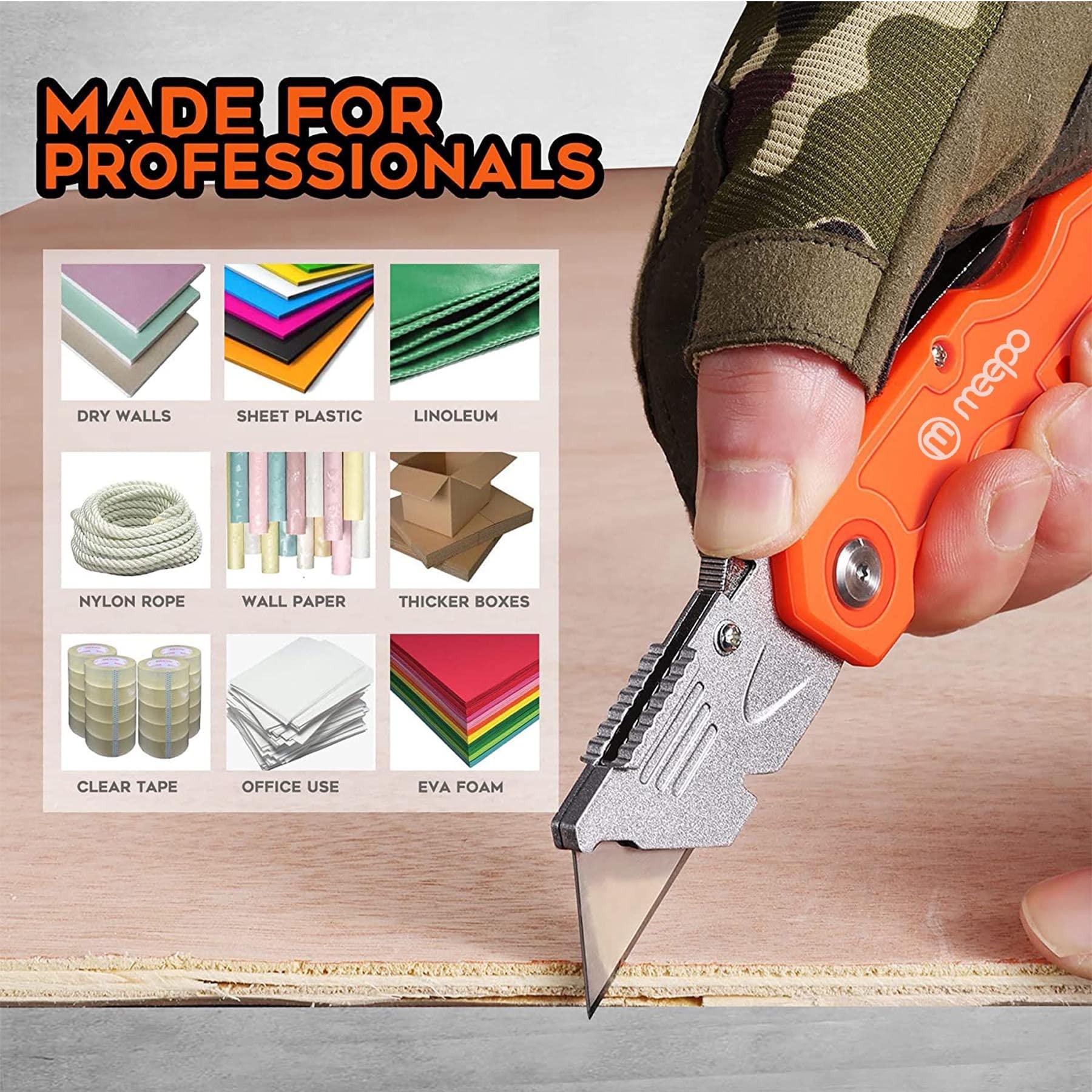 M MEEPO Box Cutter, 4-Pack Tough Folding Box Cutter for Heavy Duty Purpose, Razor Sharp Blade, Comfortable Handle, with Extra 10-Piece Blades, Can cut Drywall, Sheet Plastic, Linoleum, Boxes, Rope - Image 5