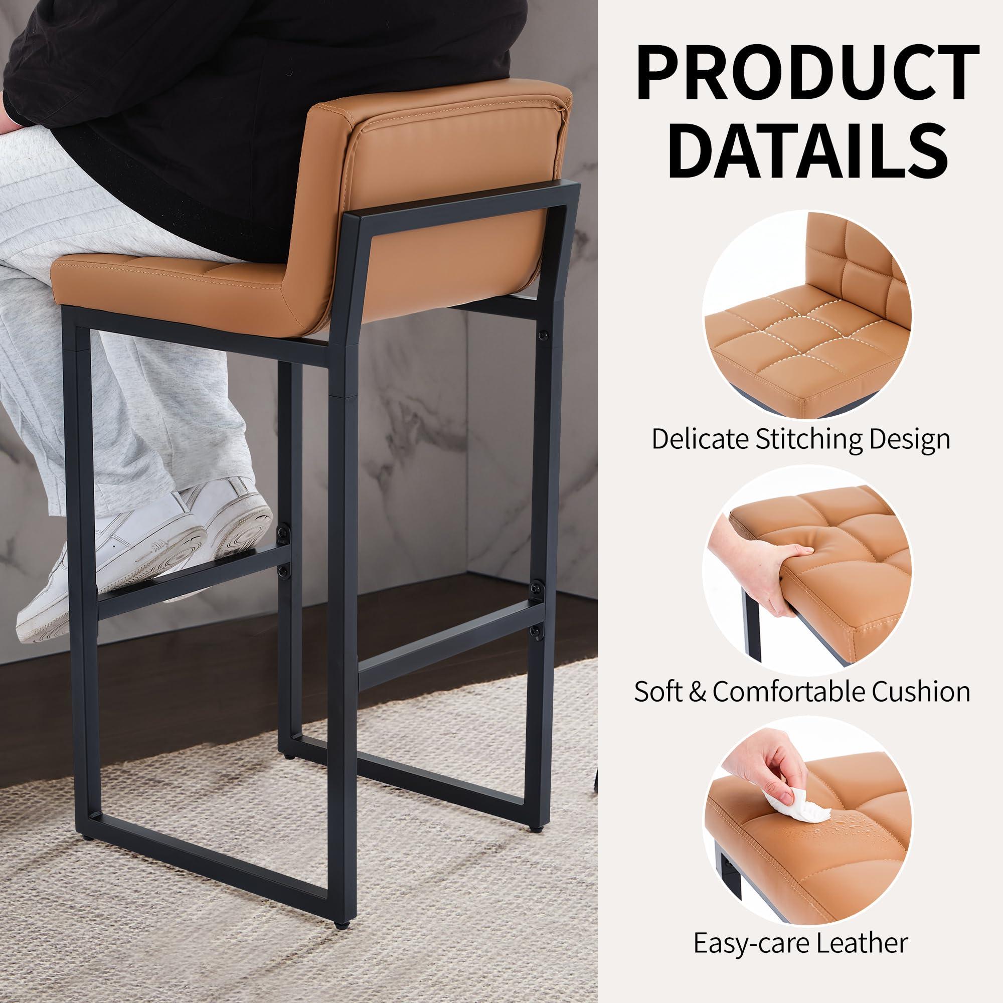 FIRAVOE Bar Height Stools Set of 4, PU Leather Barstools Modern Counter Stools with Back and Thickened Metal Legs, Bar Chairs for Kitchen Island (Caramel Brown, 4Pcs 26" Bar Stools) - Image 3