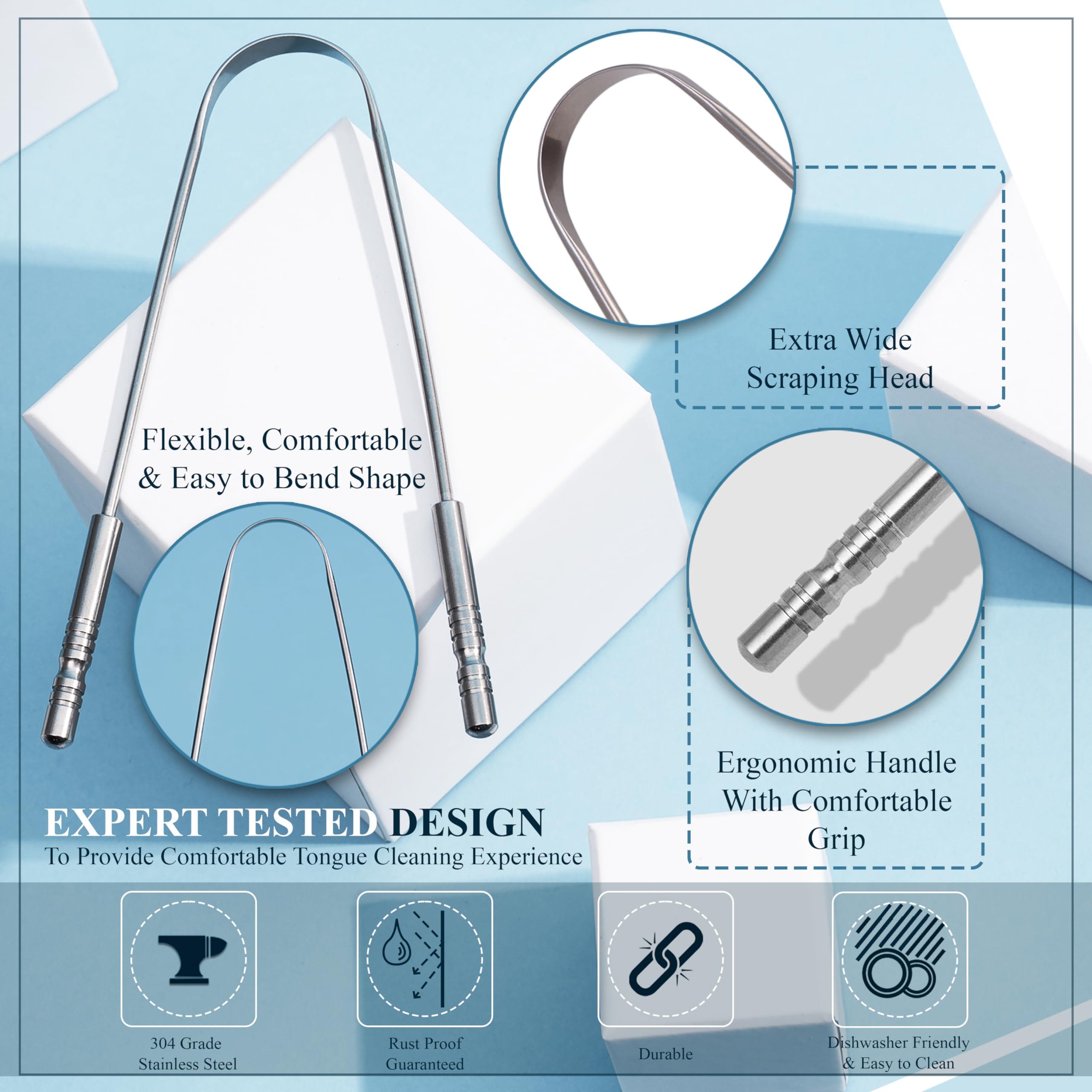 MasterMedi Tongue Scraper for Adults with Multicolor Travel Cases (2 Pack), 100% Stainless Steel, Reduce Bad Breath, Tongue Scrubber, Easy to Use, Tongue Cleaner for Oral Care & Hygiene - Image 3
