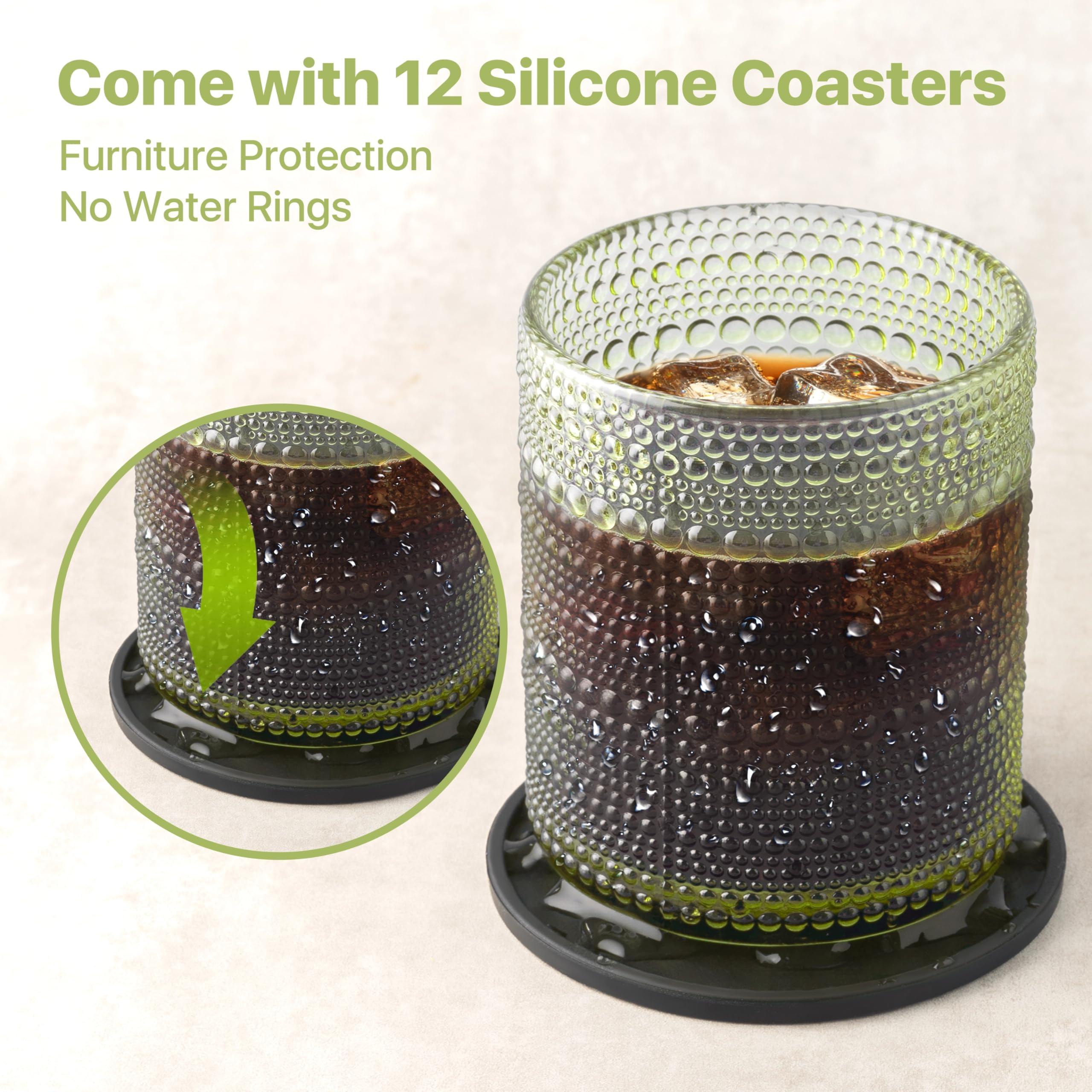 DmmyAlzx Hobnail Drinking Glasses Set of 12 Count, Vintage Glassware, Old Fashioned Glasses, 6 Highball Bubble Drinking Cups 15 oz, 6 Rocks Cups 14.5 oz with 12 Silicone Coasters, Green - Image 4