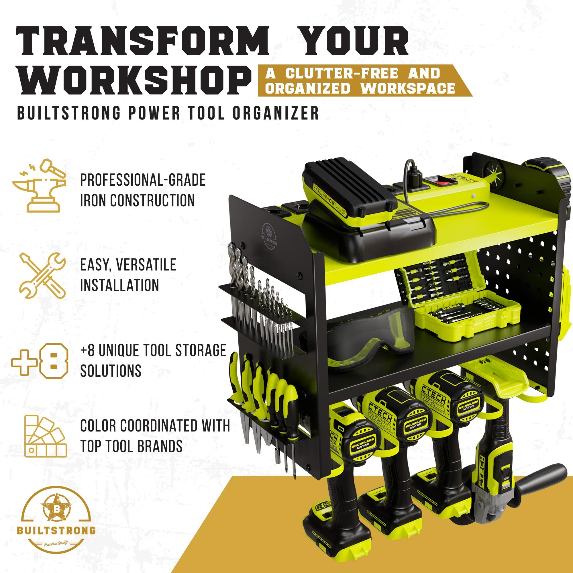 BUILTSTRONG Heavy-Duty Metal Tool Storage Rack - 3-Tier Wall Mount Organizer, Drill Holder, Utility Racks, PegBoard Side, Garage Storage (Green) - Image 5