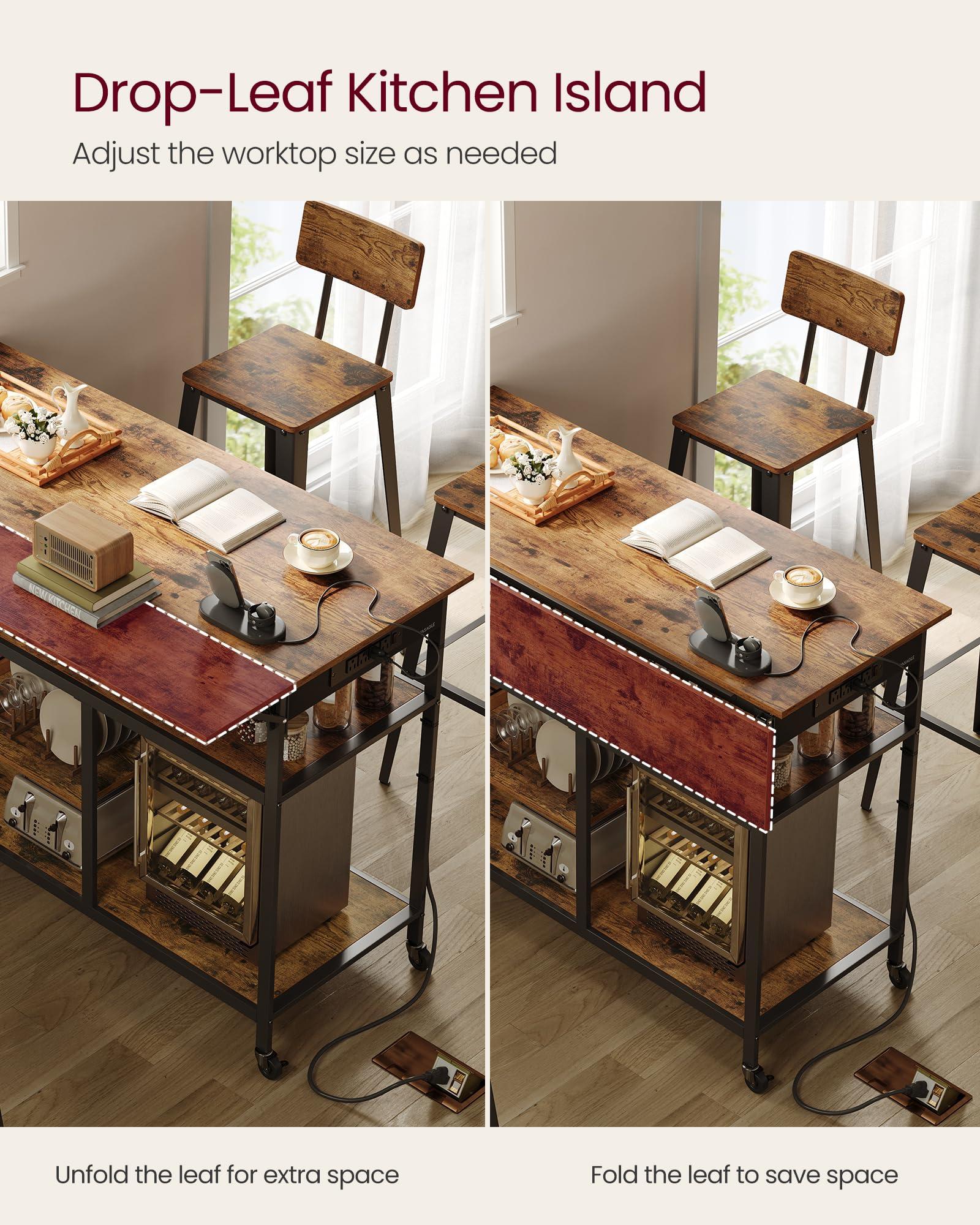 VASAGLE Kitchen Island with Drop Leaf, 47.2" Width Rolling Kitchen Cart with Power Strip, Extendable Worktop, Workbench,Pegboard, Adjustable Shelf, Rustic Brown and Ink Black UKKI013K01 - Image 4