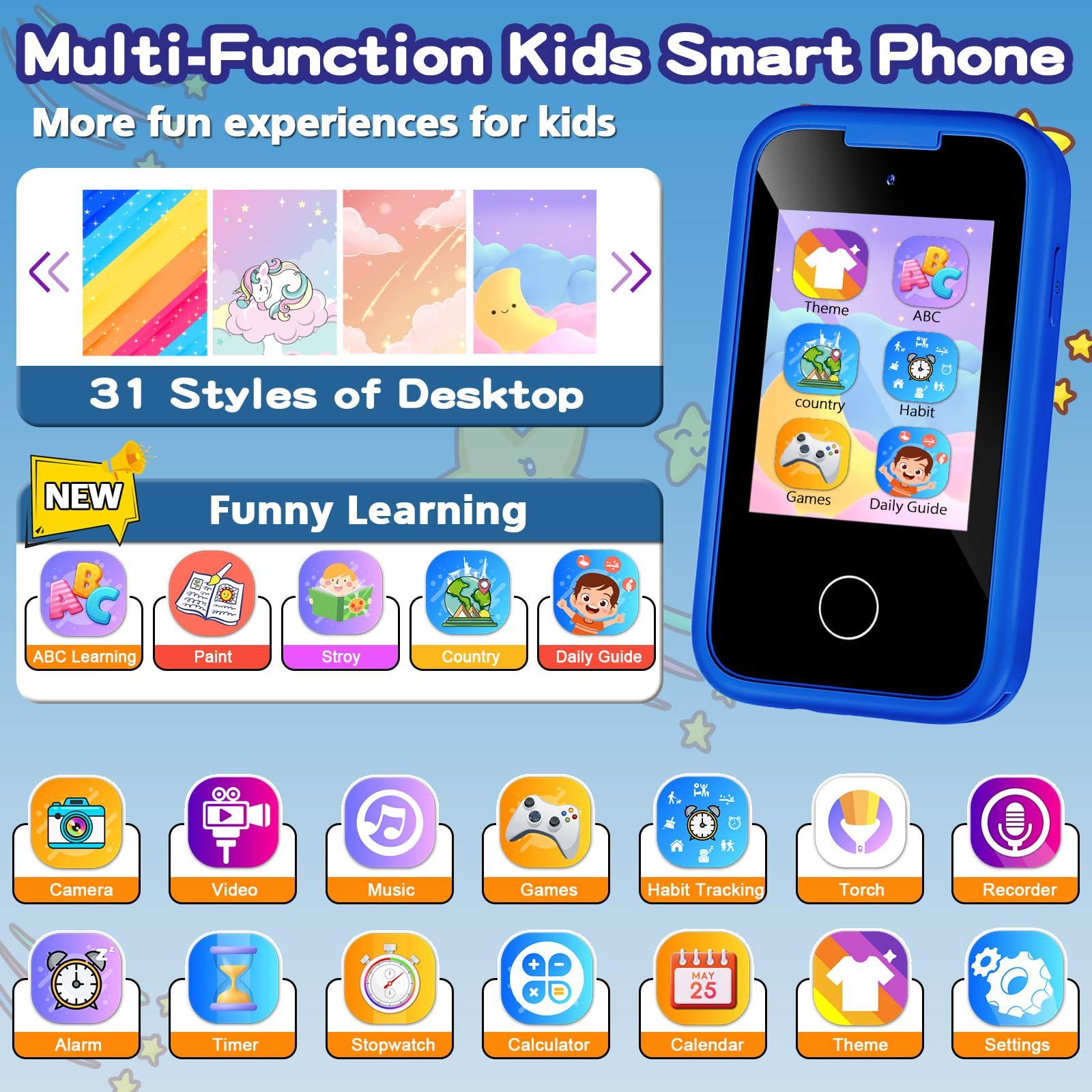 Kids Smart Phone for Boys, Christmas Birthday Gifts for Boy Girl Age 3-10 Kids Toys Cell Phone, 2.8" Touchscreen Toddler Learning Play Toy Phone with Dual Camera, Game, Music Player, 8GB Card Blue - Image 2