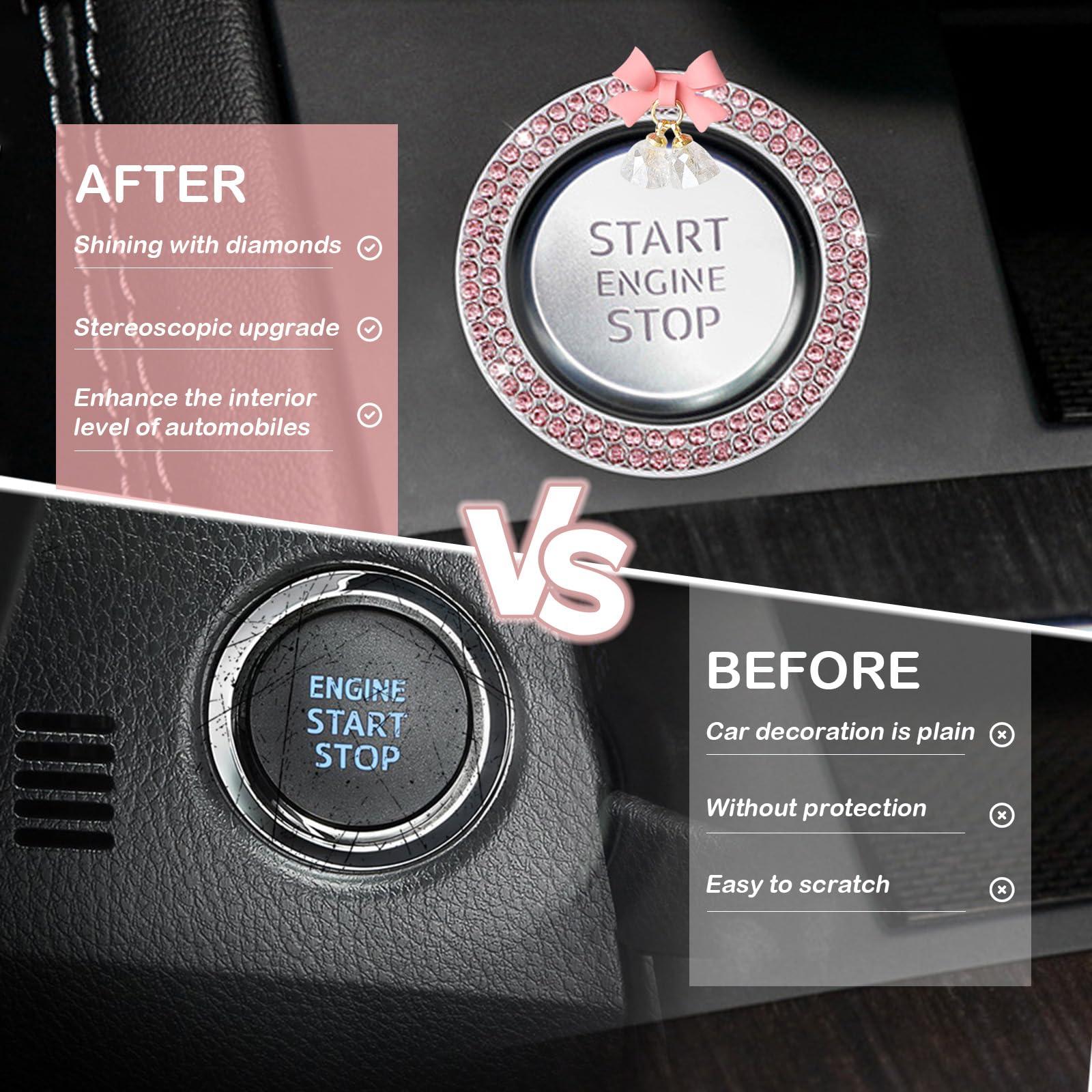 Pink Car Start Button Cover Sticker, Pink Bow Crystal Bell Start Decals, Key Ignition Knob Bling Ring, Automotive Interior Accessories Decoration for Women Girl - Image 5