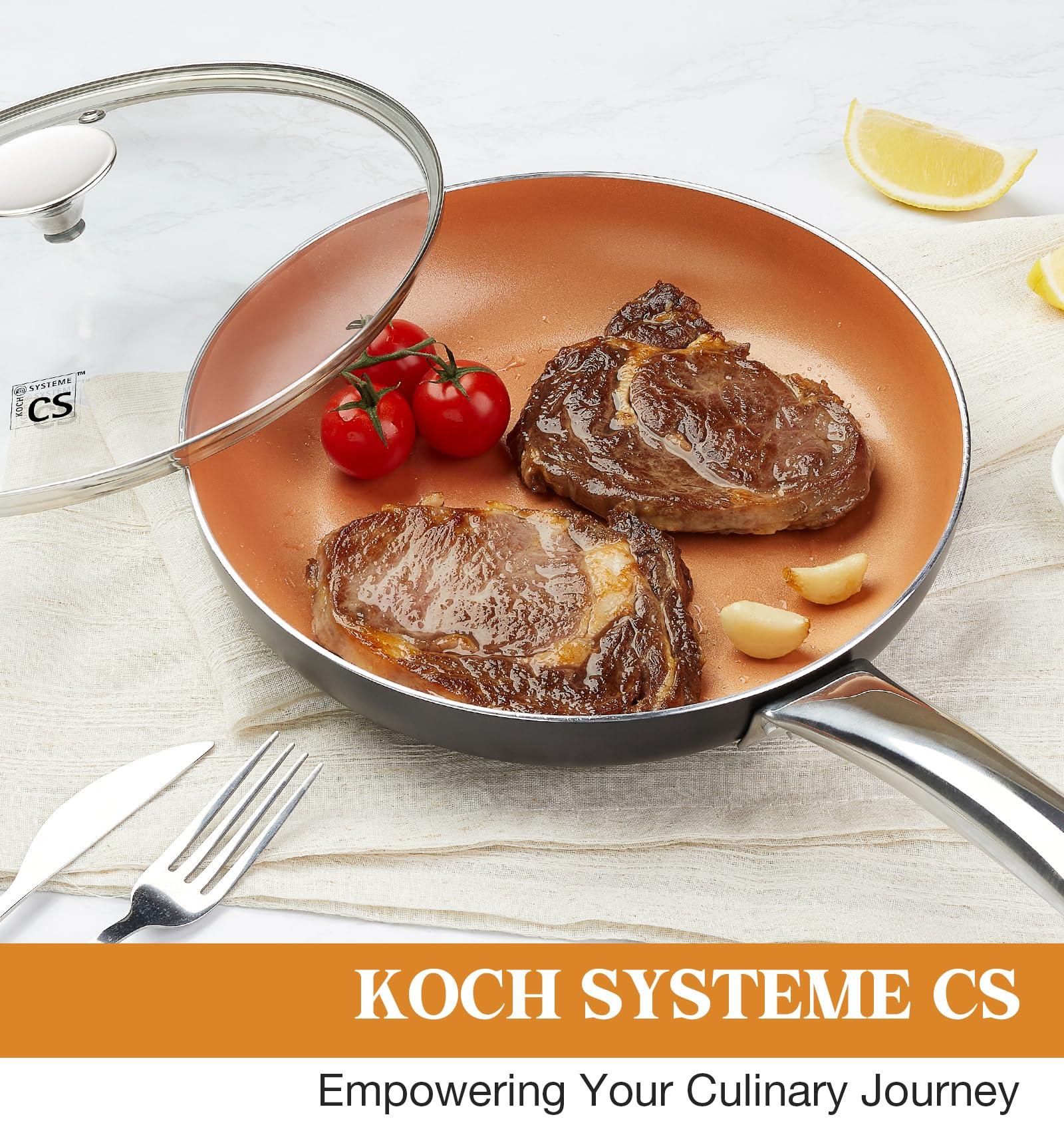 KOCH SYSTEME CS 10in Copper Nonstick Frying Pans with Lids and Titanium Ceramic Interior,100% PFOA-Free Saute Pan/Skillet for All Stove Tops,Stainless Handle,Omelet Pan Cookware - Image 8