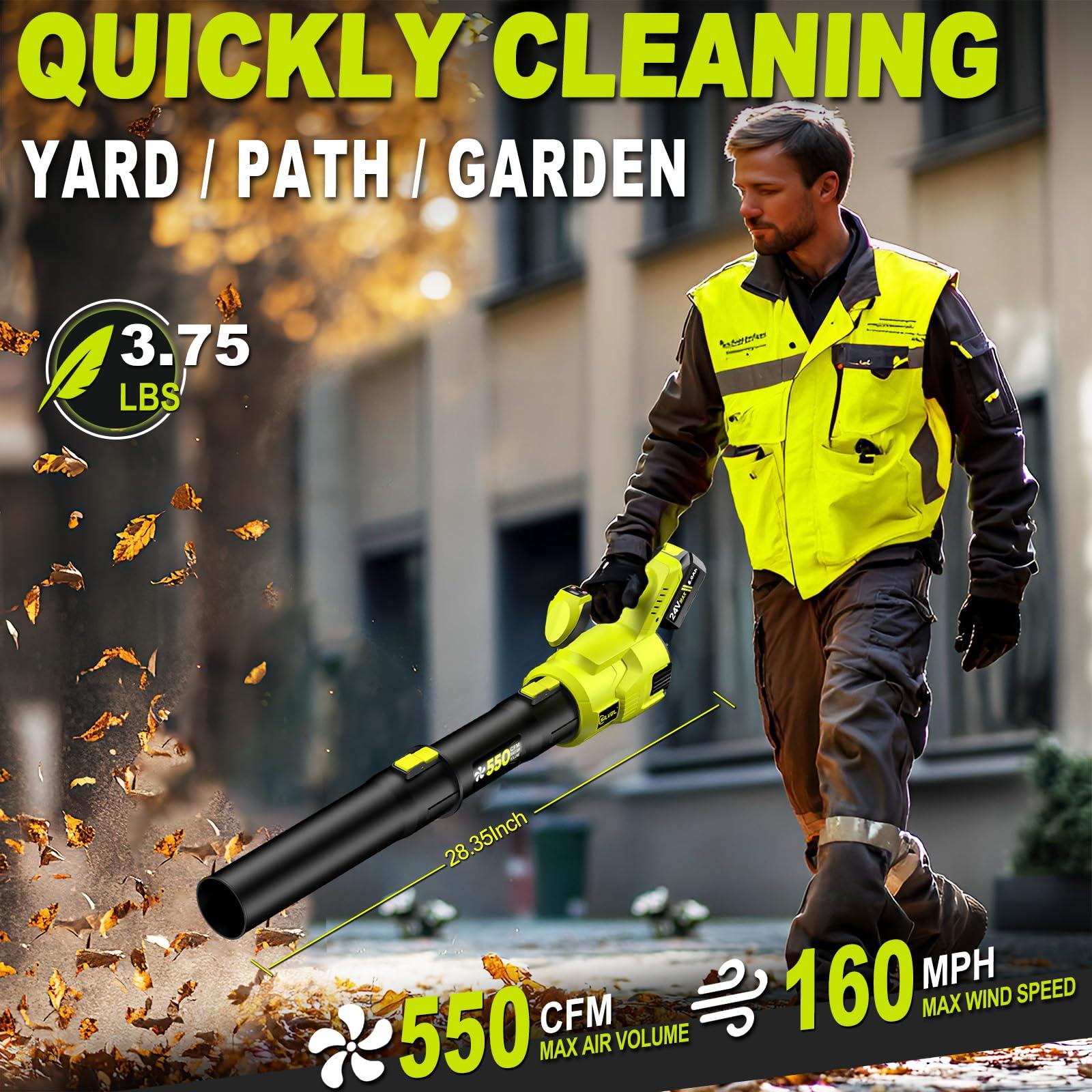 Cordless Leaf Blower, 550CFM (160MPH) Brushless Turbo Blower, 24V High Power Battery Powered Leaf Blowers with 2x4.0Ah Battery & Charger, Electric Blowers Variable Speeds for Lawn&Garden (RyobiGreen) - Image 7