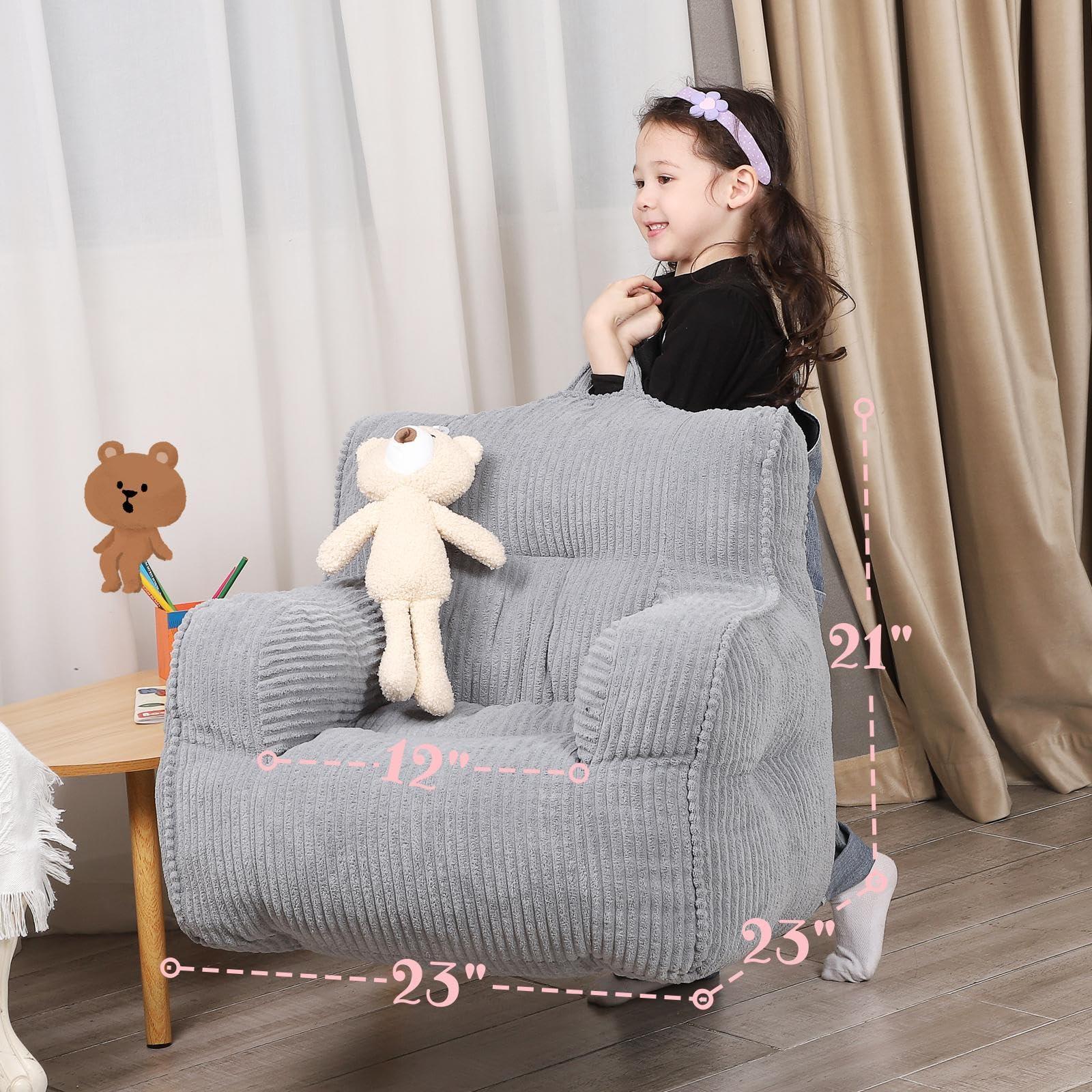 MOMCAYWEX Kids Bean Bag Chair with a Plush Bear, Comfy Toddler Chair for Boys and Girls, Grey - Image 3