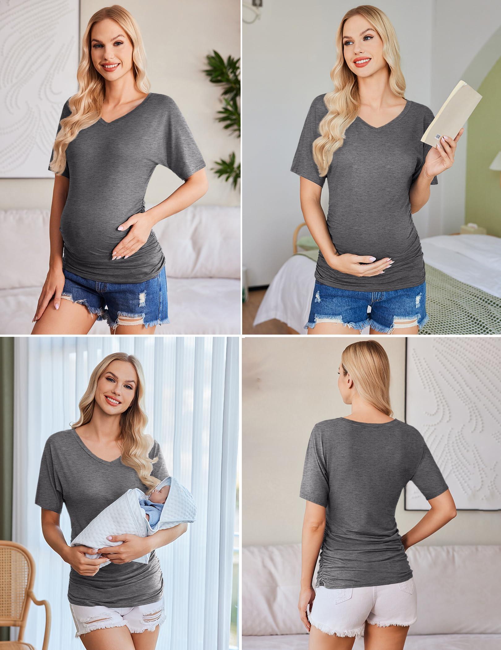 Ekouaer 3 Pack Maternity Shirts V Neck Dolman Sleeve Side Ruched Pregnancy Tops Tunic Blouse - Image 3