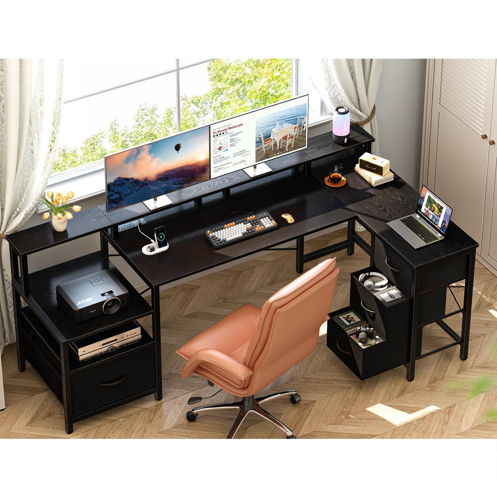 Yoobure L Shaped Desk with Drawers, Gaming Desk with LED Lights & Outlets, 75" Reversible Computer Desk with Storage File Cabinet & Printer Stand, Corner Desk Office Desk with Dual Monitor Stand Black - Image 3
