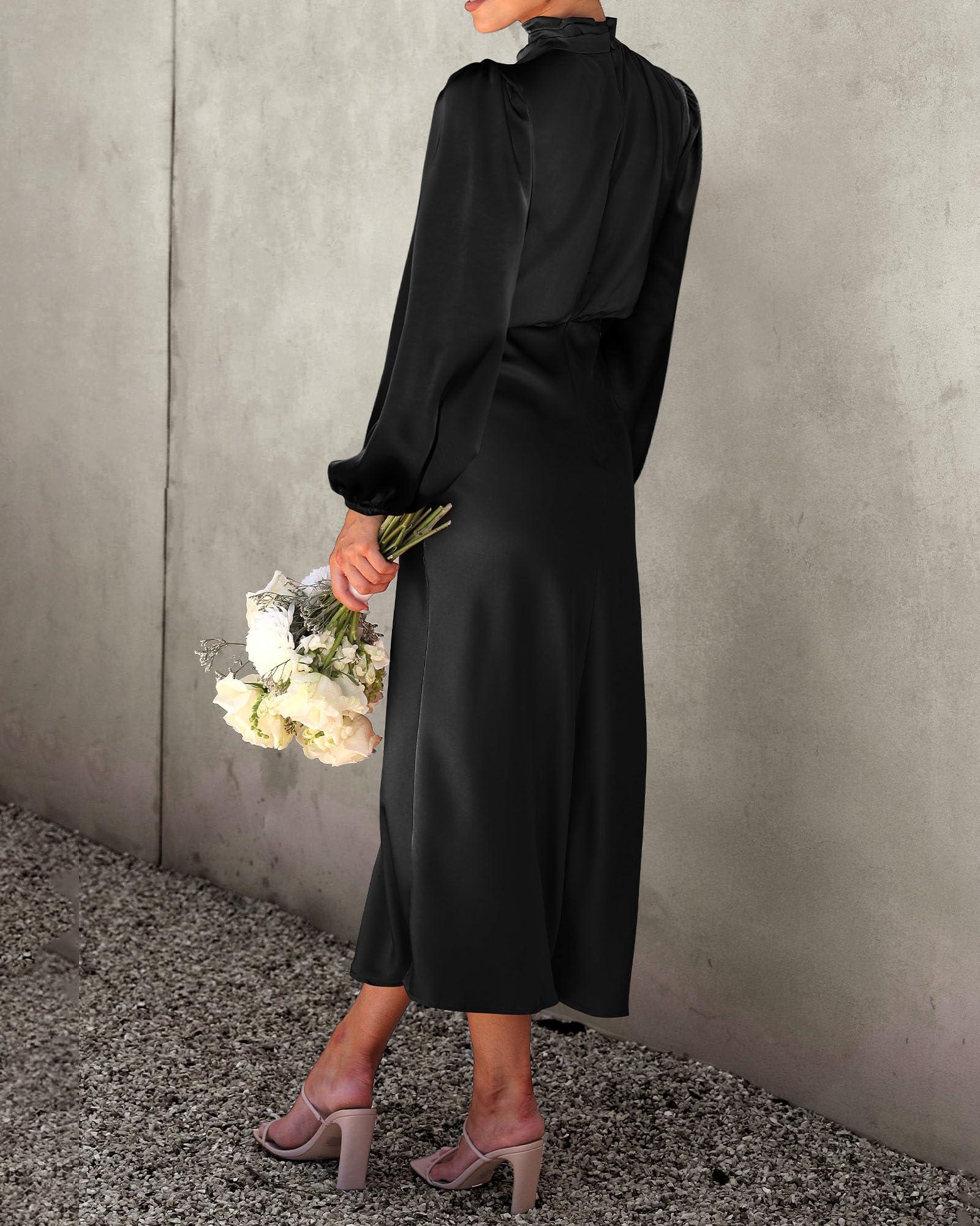 BTFBM Womens Mock Neck Satin Dress 2025 Summer Spring Long Sleeve High Waist Wedding Party Maxi Formal Cocktail Dresses - Image 4