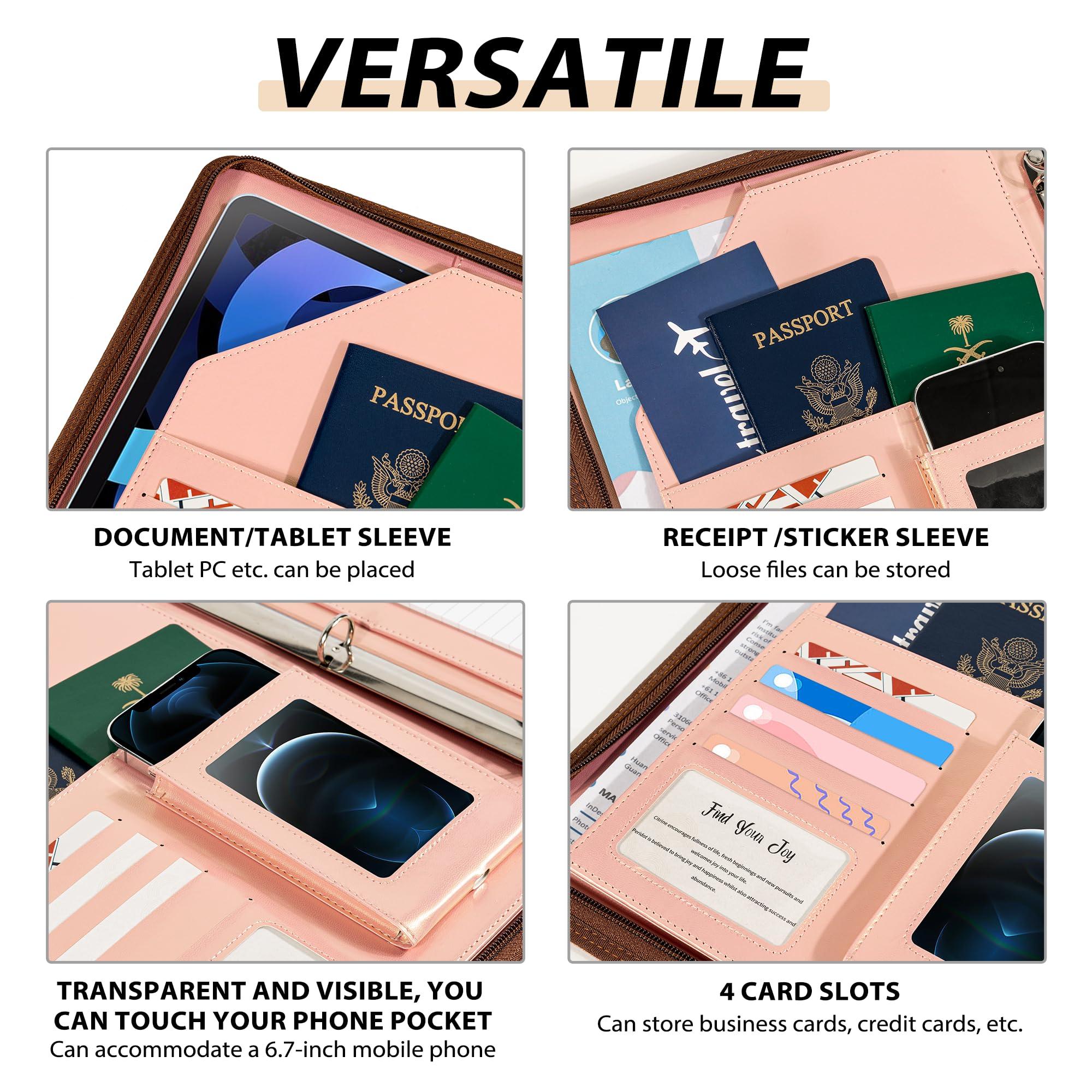 Ospelelf Clipboard with Storage for Men Women, Leather Padfolio Portfolio with Zipper, 1 Inch 3 Ring Binder 5 Dividers, Notepad for Letter Size, Elastic Closure and Pen Loop, Card Slot Rose Gold - Image 4