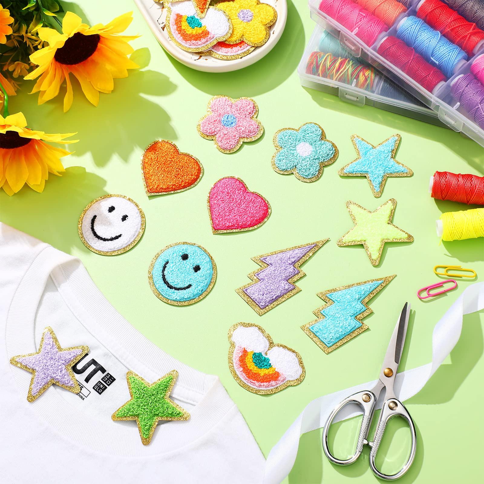 Yilloog 50 Pcs Self Adhesive Chenille Patches Paw Print Smile Face Heart Patch Preppy Sticker Chenille Rainbow Sew on Sticker for Jackets Jeans(Colorful Style,Rainbow Color) - Image 4
