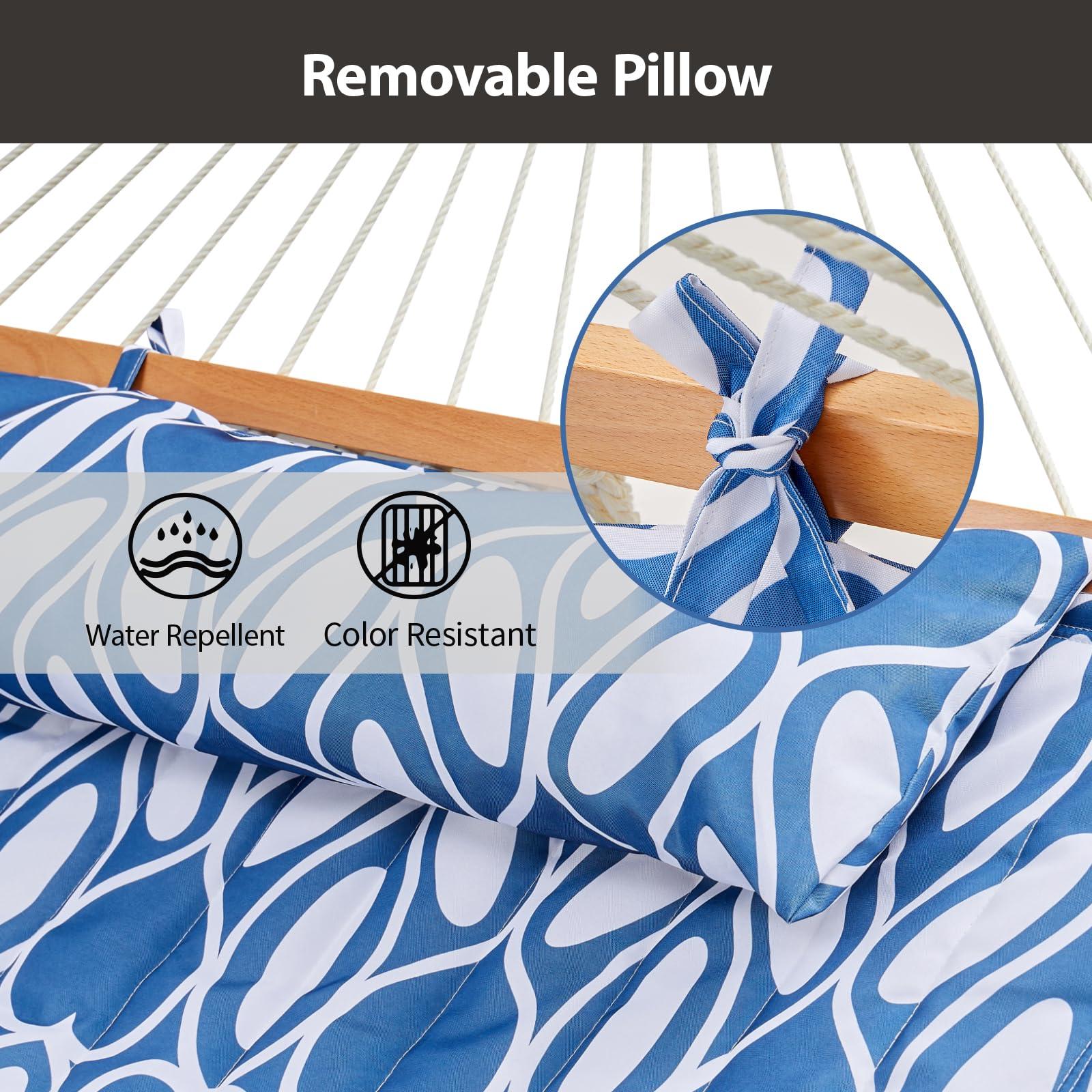CHULIM Outdoor Double Hammock with Hardwood Spreader Bars Cotton Rope Hammock with Polyester Pad and Pillow 475 LBS Capacity 2 Person Hammock Large Hammock for Patio Backyard Poolside - Blue Printing - Image 7
