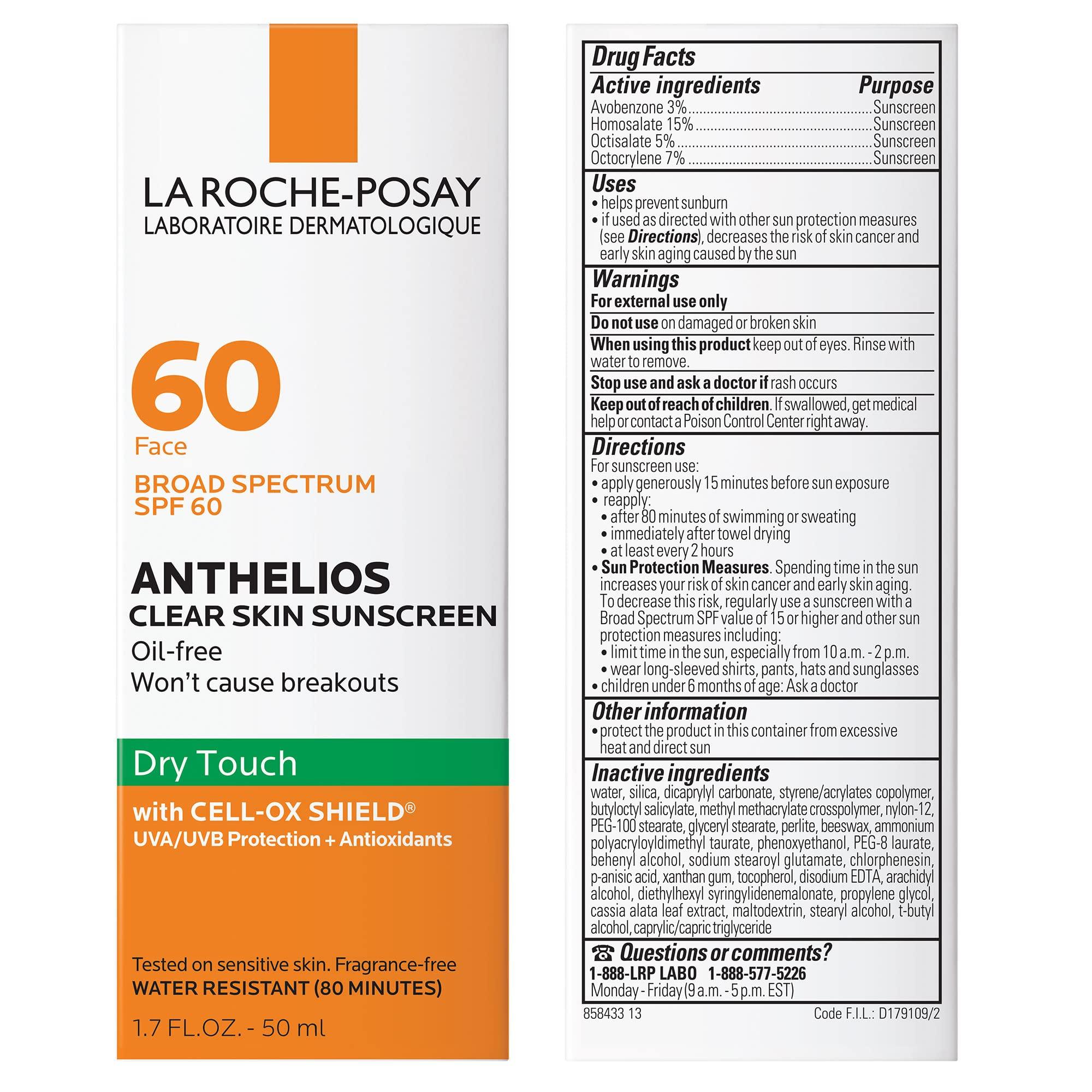 La Roche-Posay Anthelios Clear Skin Sunscreen Dry Touch SPF 60, Oil Free Sunscreen For Face, Oil Absorbing, Broad Spectrum SPF + Antioxidants, Non-Greasy, Oxybenzone Free, Travel Size - Image 2