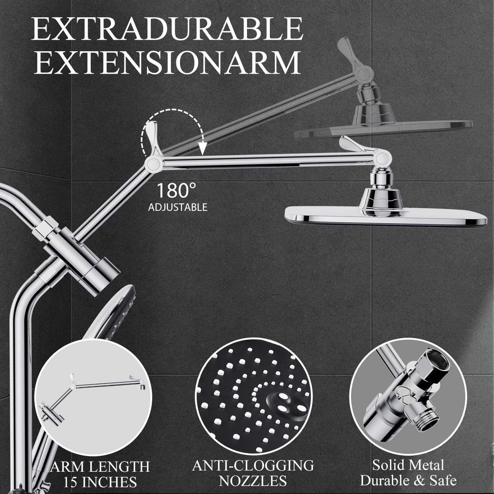 Veken 11.8 Inch Rain Shower with 6 Modes Handheld Water Spray,Upgraded 2-in-1 Slide Bar Shower Head,Wide Showerhead Combo for Bathroom Accessories, Adjustable Dual Shower with Arm，Silver Chrome - Image 6