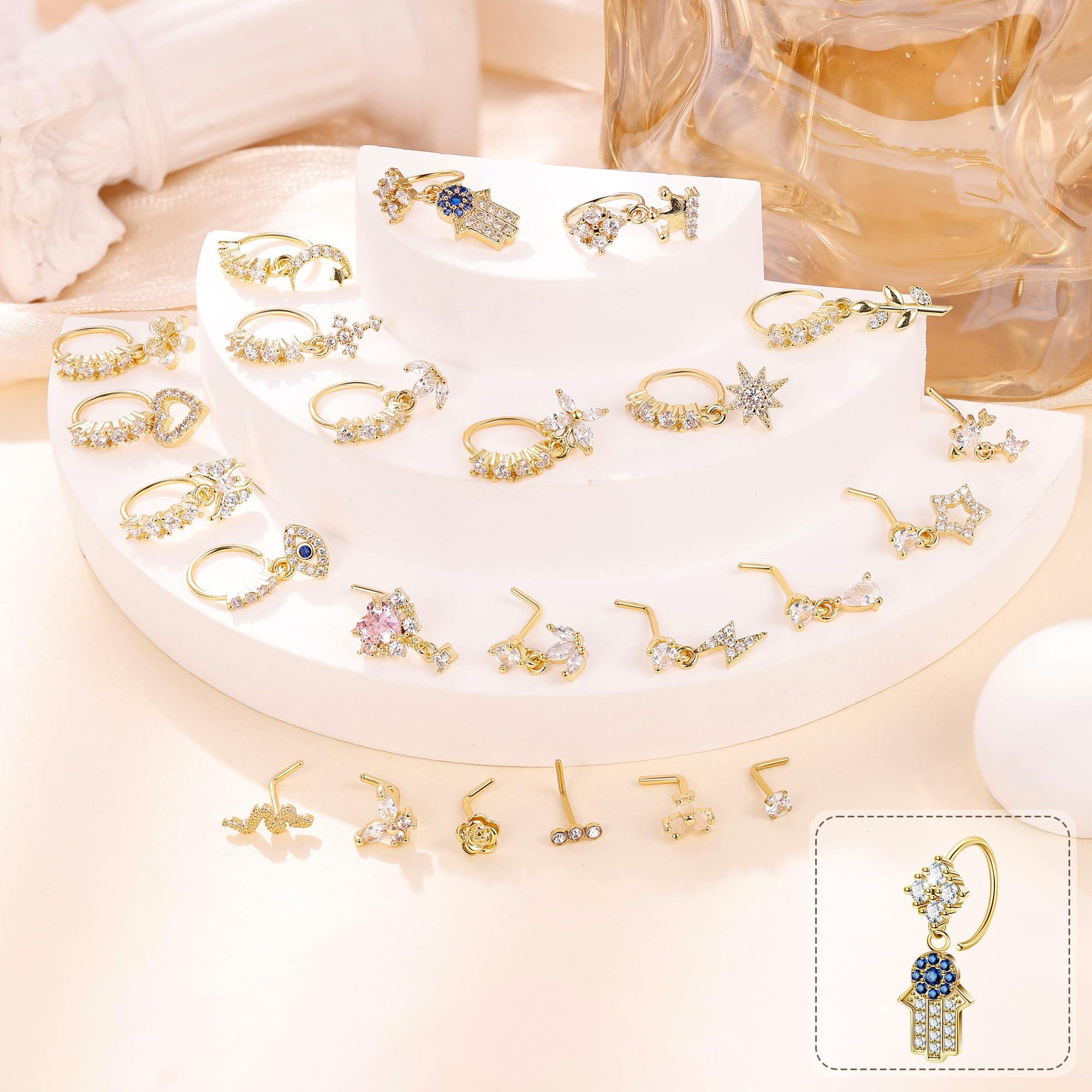 LOAYHOAY 24Pcs 20G Surgical Steel Dangle Nose Ring for Women L Shaped Dangling Nose Stud Dainty Nose Hoop Set CZ Flower Leaf Heart Moon Star Butterfly Dangle Nose Piercing Jewelry - Image 3