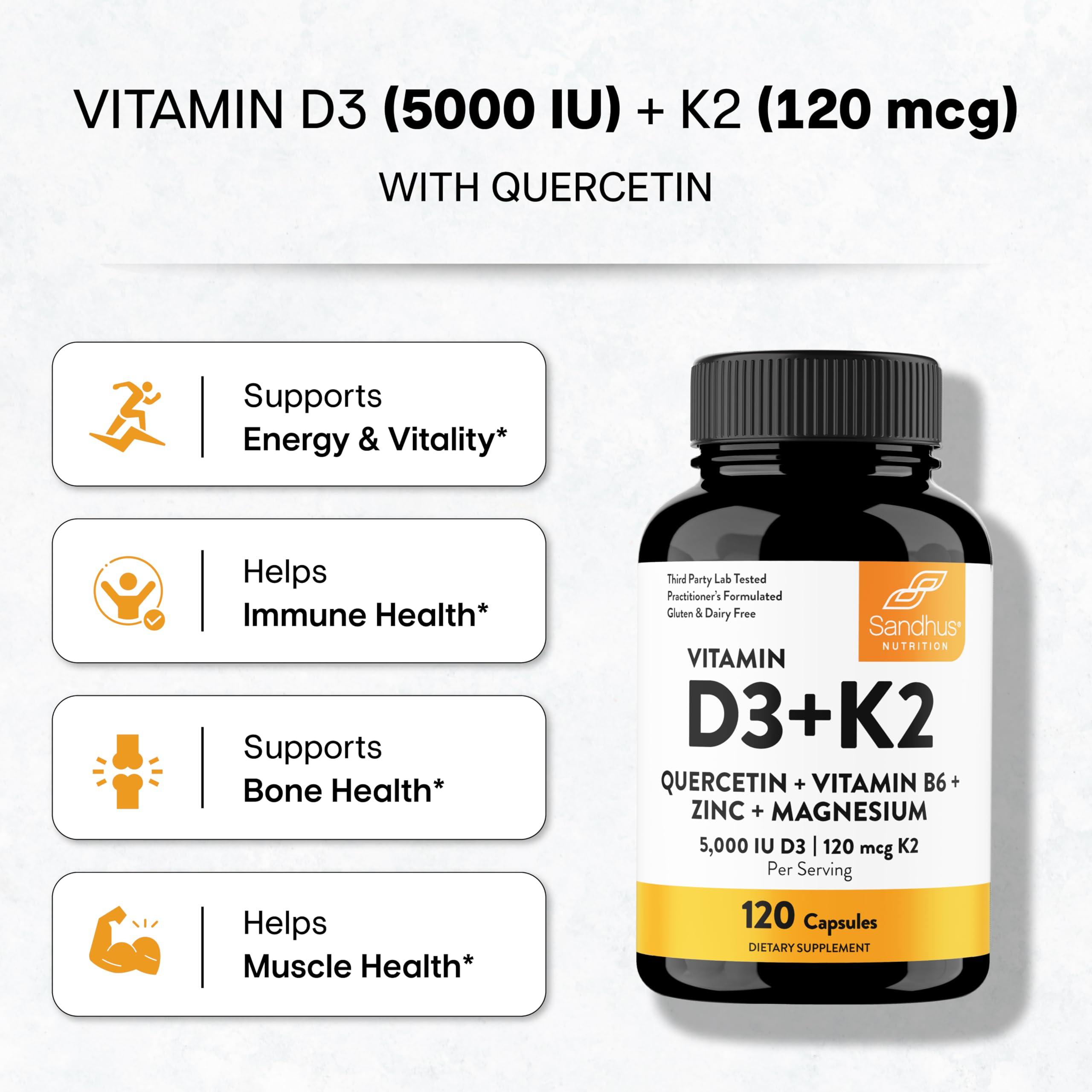 Sandhu's Vitamin D3 K2 Magnesium 5000 IU, 120mcg K2 Capsules 120 Count (Pack of 1) | VIT B6, D3K2, Zinc & Quercetin | Superior Absorption, Supports Energy, Immune, Bone & Muscle Health for Men & Women - Image 3