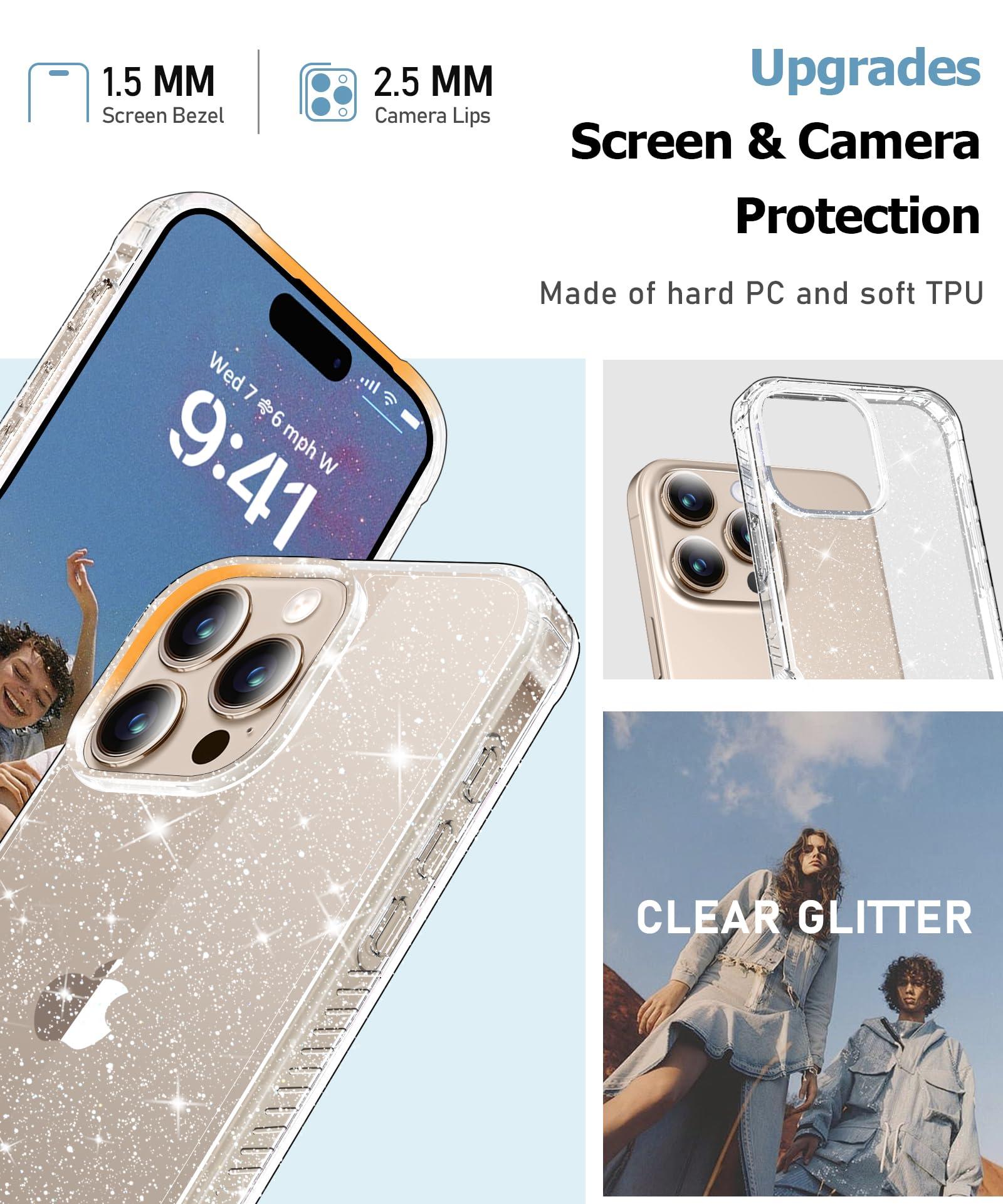 MIODIK for iPhone 16 Pro Case Clear Glitter, with Screen Protector + Camera Lens Protector, [Non-Yellowing] Shockproof Protective Phone Case, Women Girl Cover for iPhone 16Pro 6.3" - Sparkle Clear - Image 5