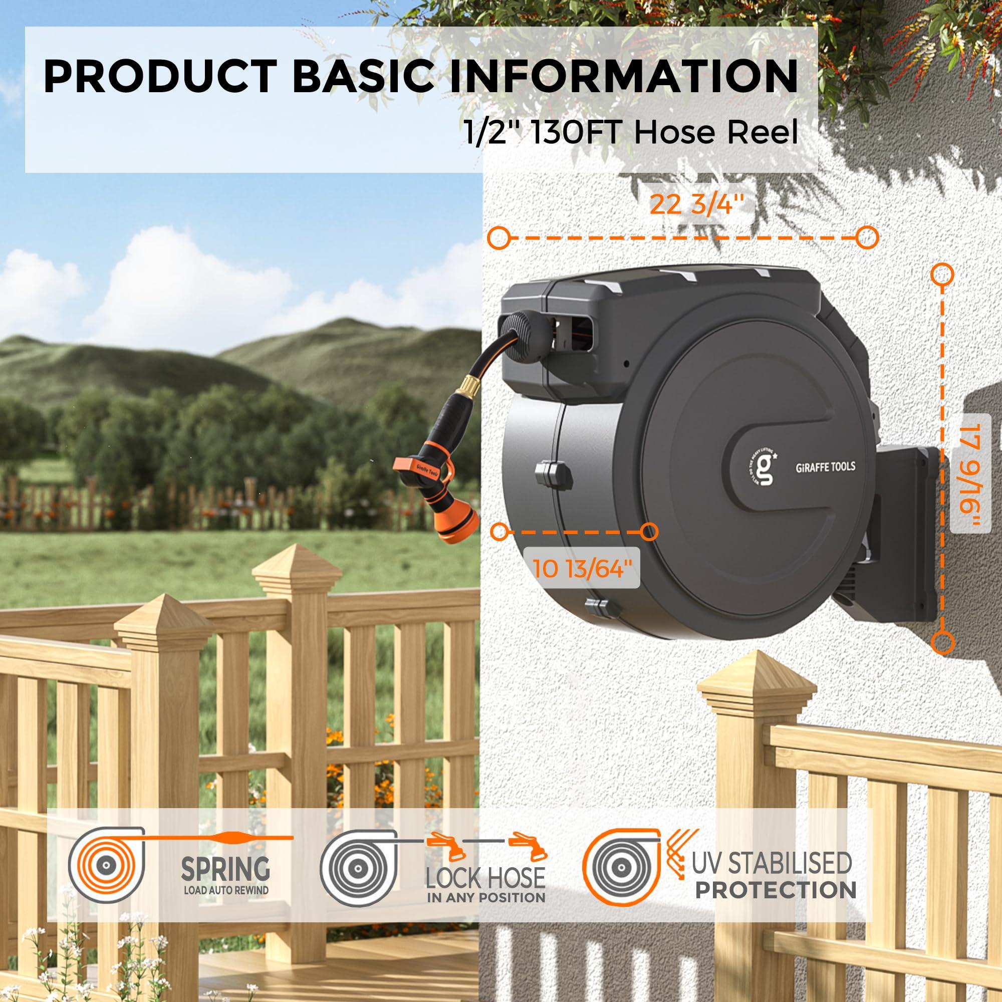 Giraffe Tools Retractable Garden Hose Reel 1/2 Inch x 130 ft, Super Heavy Duty, Any Length Lock, Slow Return System, Wall Mounted and 180 Deg Swivel Bracket - Image 4