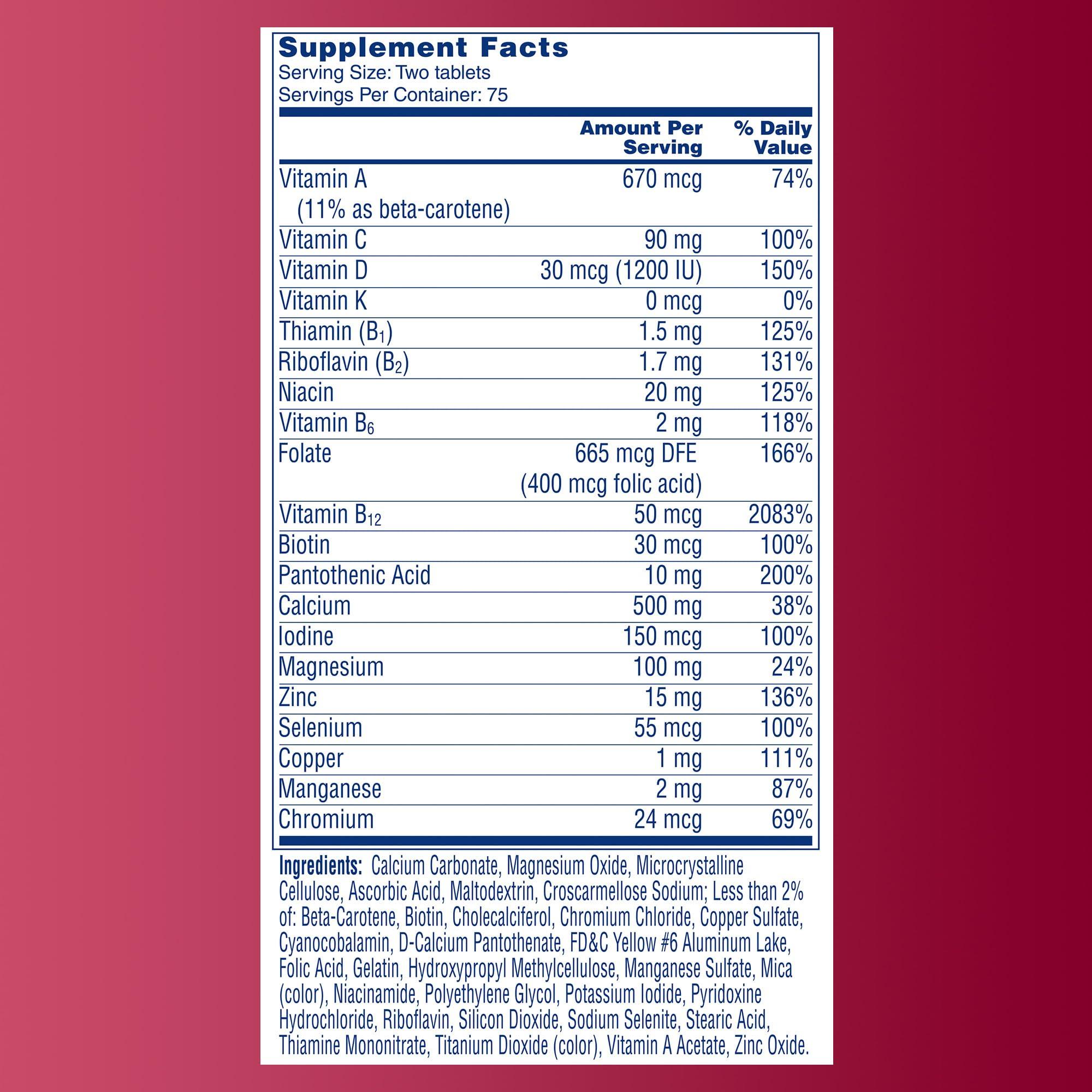 One A Day Proactive 65+, Mens & Womens Multivitamin, Supplement with Vitamin A, C, D, and Zinc to Support Bone Health & Cell Health, Calcium, Folic Acid, Tablet 150 Count - Image 8