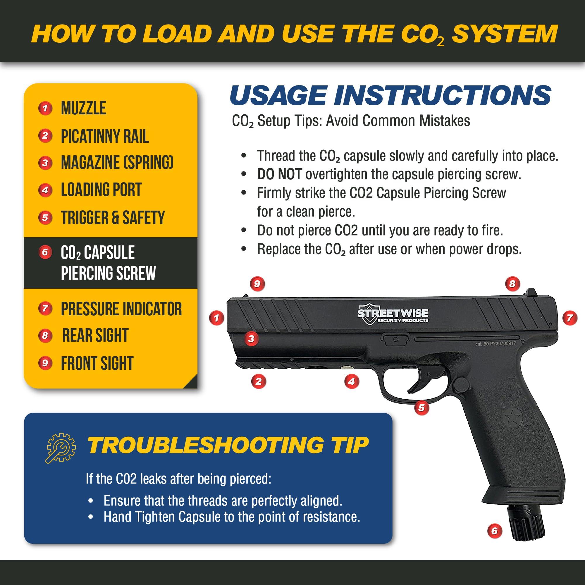 Streetwise Heat .50 Caliber Defense Launcher, Kinetic Impact Ball Gun - Self Defense Pistol Includes 10 Rubber Balls, 10 Quicksilver Metal Composite Rounds, & 2 CO2 Canisters - Image 7