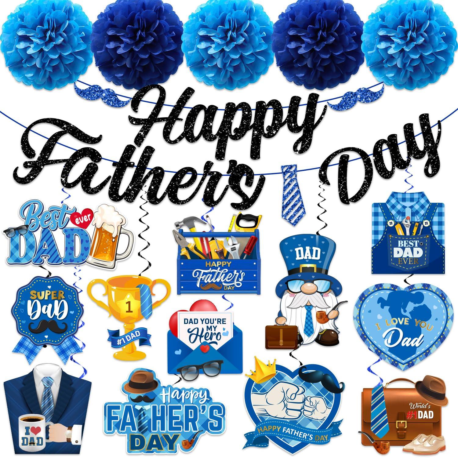 Fathers Day Decorations, Best Dad Ever Decorations includes Glitter Happy Fathers day Banner Dad Hanging Swirls and Blue Tissue Pom Poms, Fathers Day Decorations for Home Office