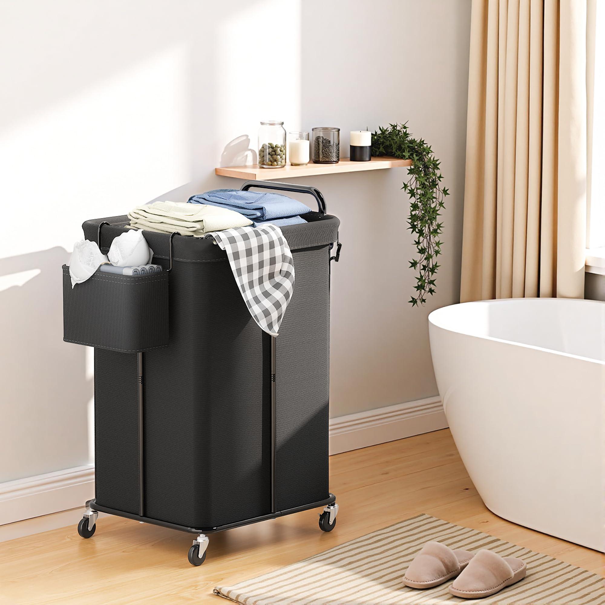 VOZZYOTO 150L Rolling Laundry Hampers on Wheels, 3 Section Laundry Basket with wheels with Side Bag for Dirty Clothes, Dorm Room Organization - Image 2