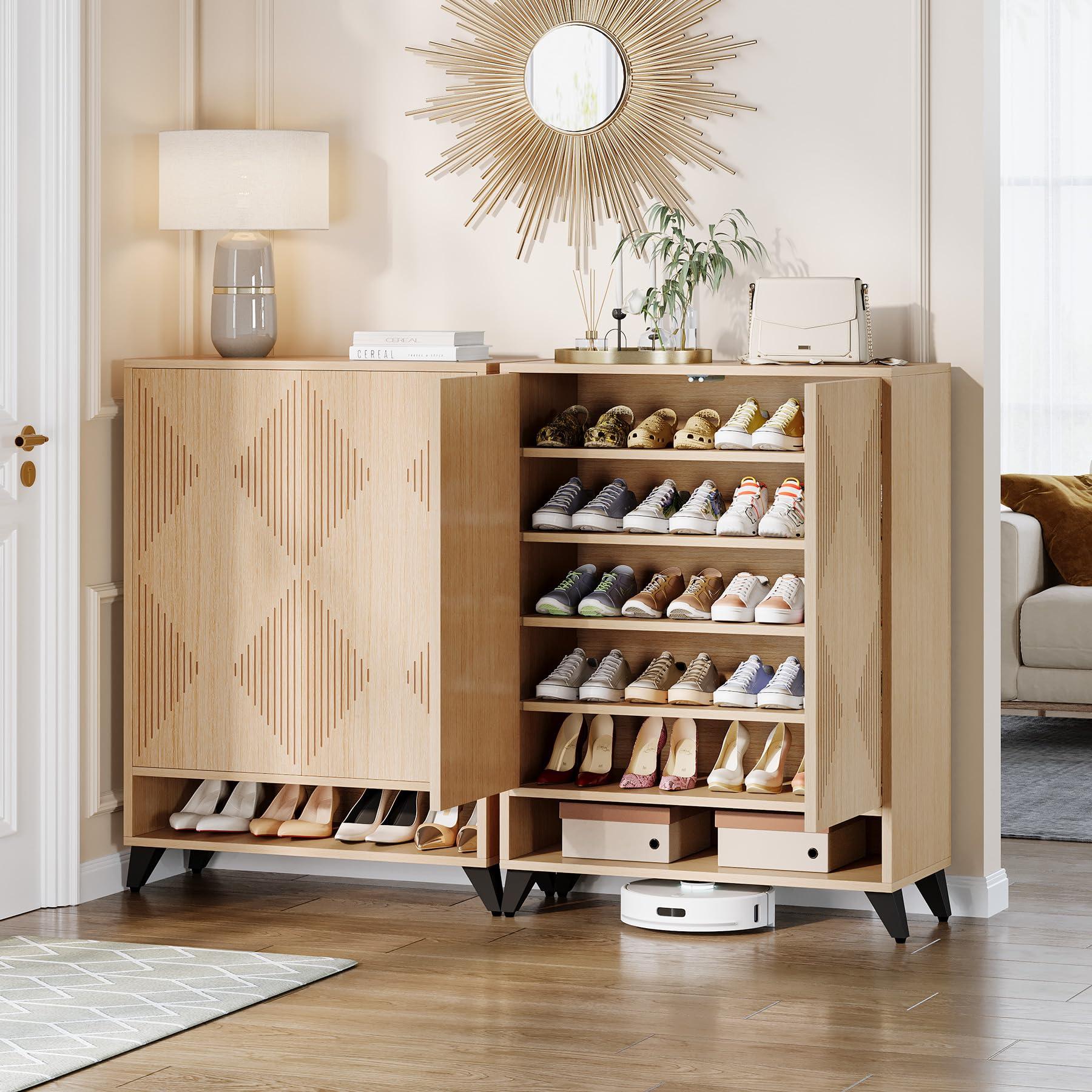 Tribesigns Shoe Cabinet with Doors, 6-Tier Entryway Shoe Storage Cabinet with Adjustable Shelves, Modern Wooden Shoe Organizer Cabinet for Living Room, Bedroom, Natural - Image 4
