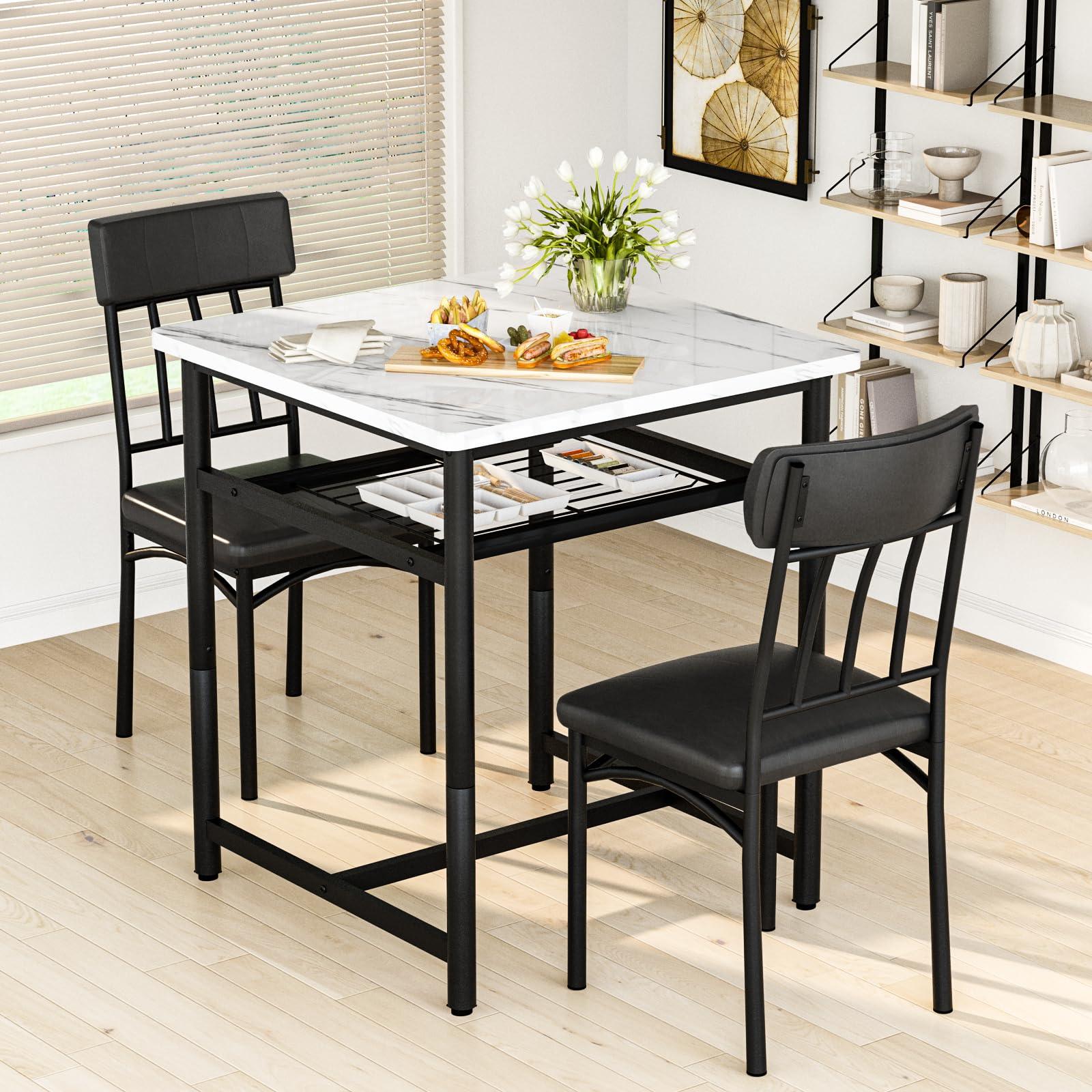 Lamerge 3-Piece Marble Table and Chairs Set, Kitchen Table and Leather Chairs for 2 People, Built-in Wine Rack for Small Space, Square Dinette Kitchen Table Set for Apartment, Studio, Home & Office - Image 4