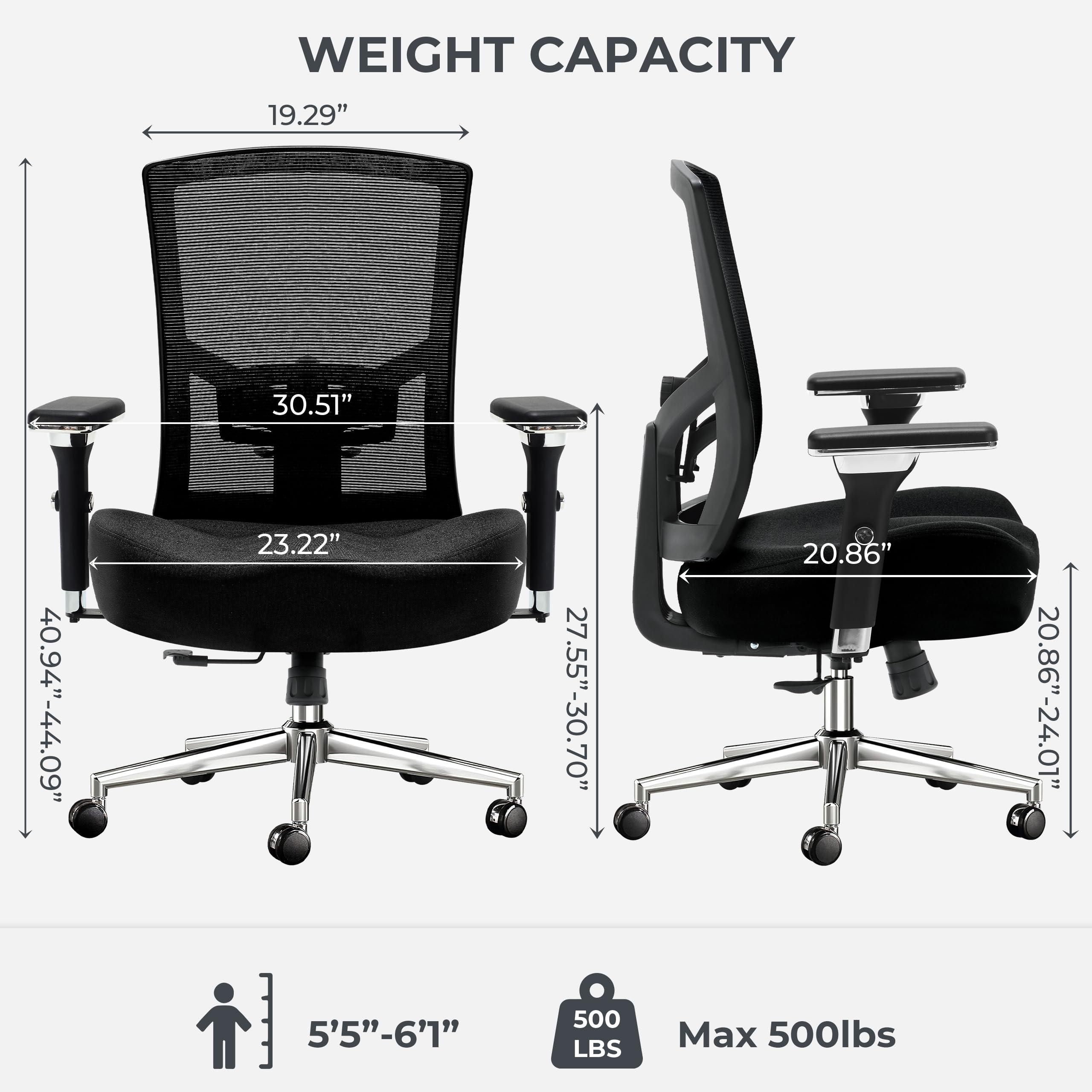 Big and Tall Office Chair 500lbs, Ergonomic Oversize Mesh Desk Chair, Heavy Duty High Back Computer Chair with Wide Thick Seat Cushion, Adjustable Lumbar Support, 4D Armrests - Image 3