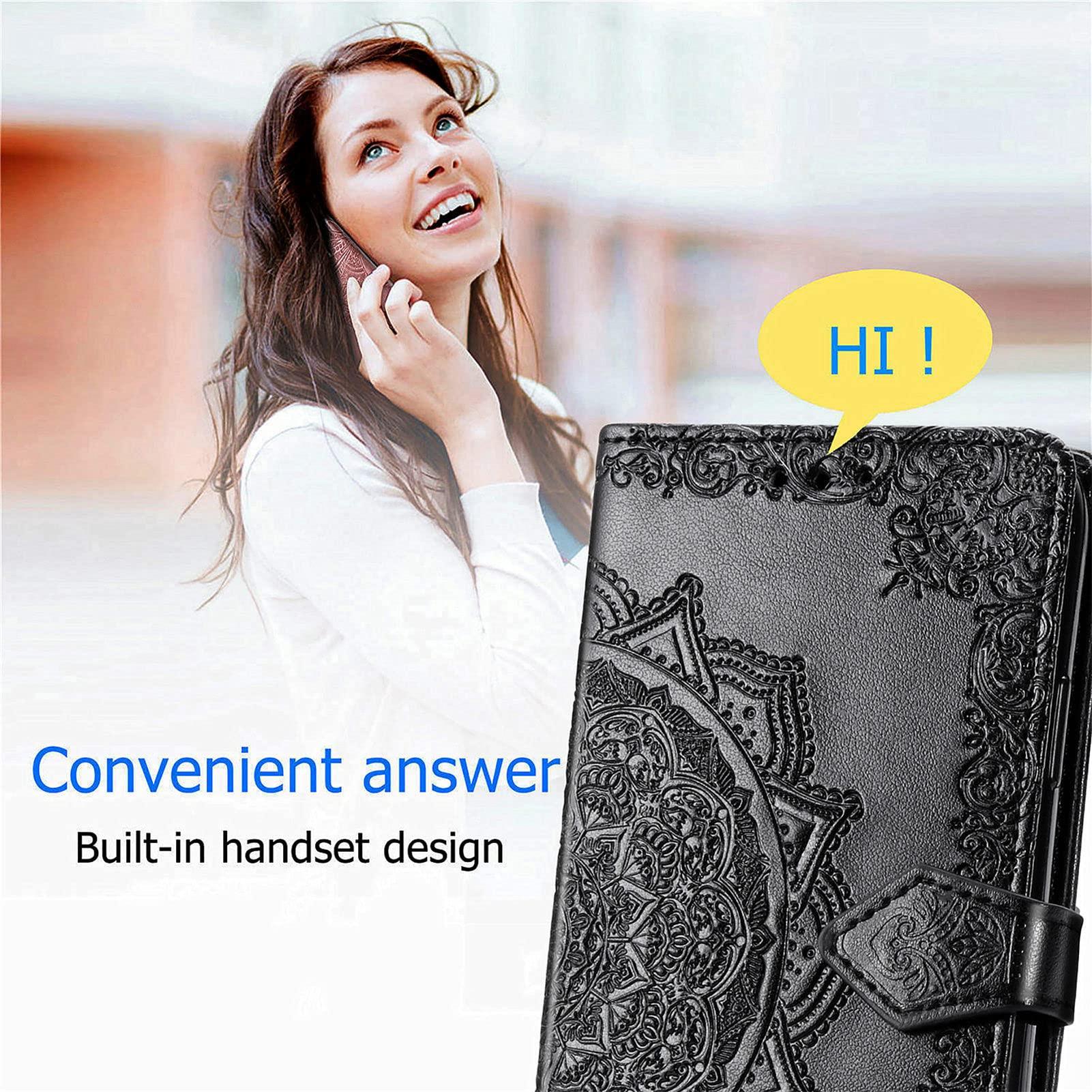 GuluGuru for iPhone 16 Pro Max Leather Phone Case, 3D Carved Relief Flower Lace Pattern Folio Flip Cover Kickstand, Floral Card Holder Cash Slot, Magnetic Clasp, Hand Wrist Strap - Image 6