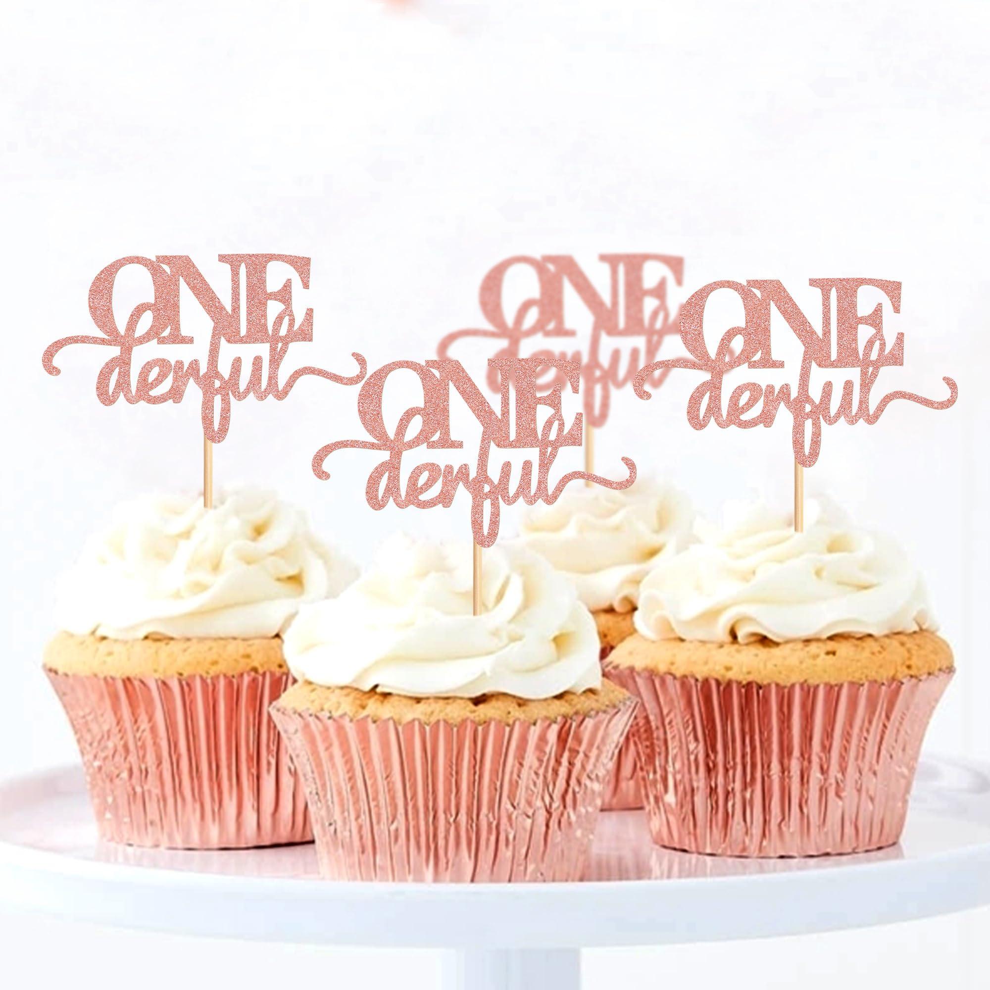 Ercadio 24 Pack Onederful Cupcake Toppers Rose Gold Glitter Onederful Cupcake Picks Onederful Cupcake Decorations for Baby Shower Kids first Birthday Theme Party Cake Decoration Supplies - Image 4
