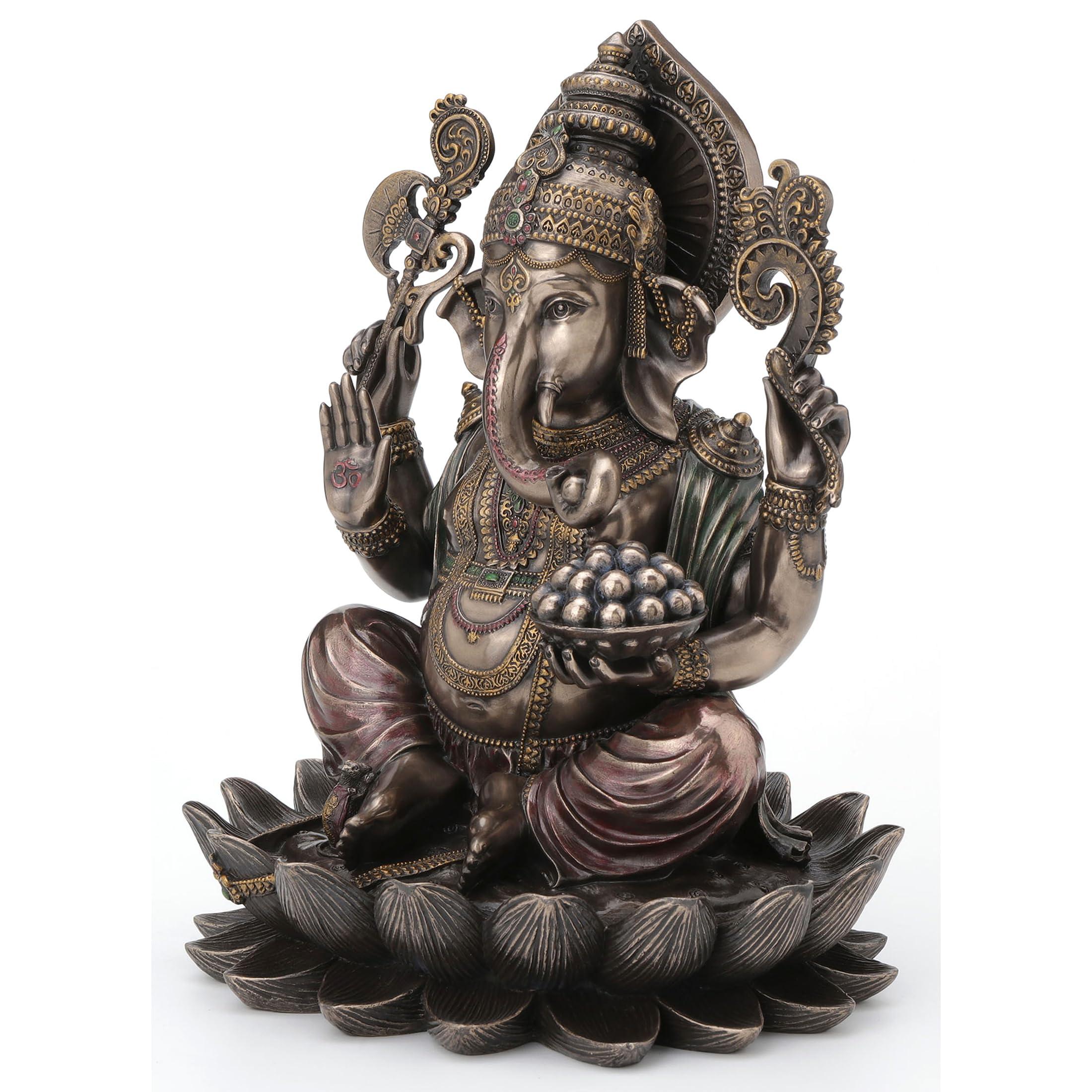 Veronese Design 9 7/8 Inch Lord Ganesha Sitting on Lotus Hindu God Antique Bronze Finish Resin Statue - Image 3